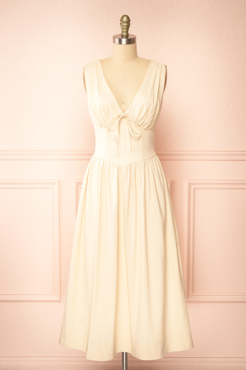 Vanita Beige Denim Midi Dress with Pockets