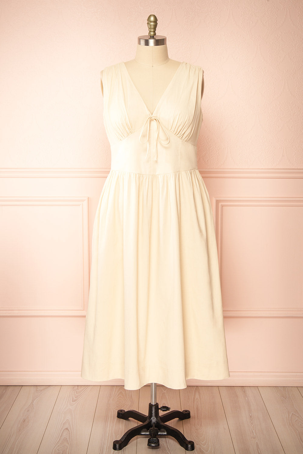 Vanita Beige Denim Midi Dress w/ Pockets | Boutique 1861 front plus size