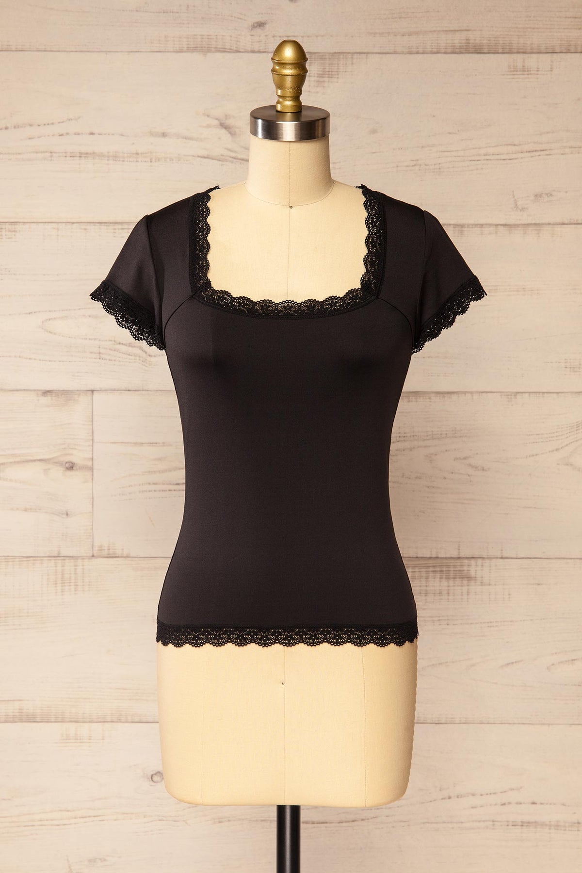 front view of Vascau Black T-Shirt with Square Neckline and Lace Trim at La petite garçonne