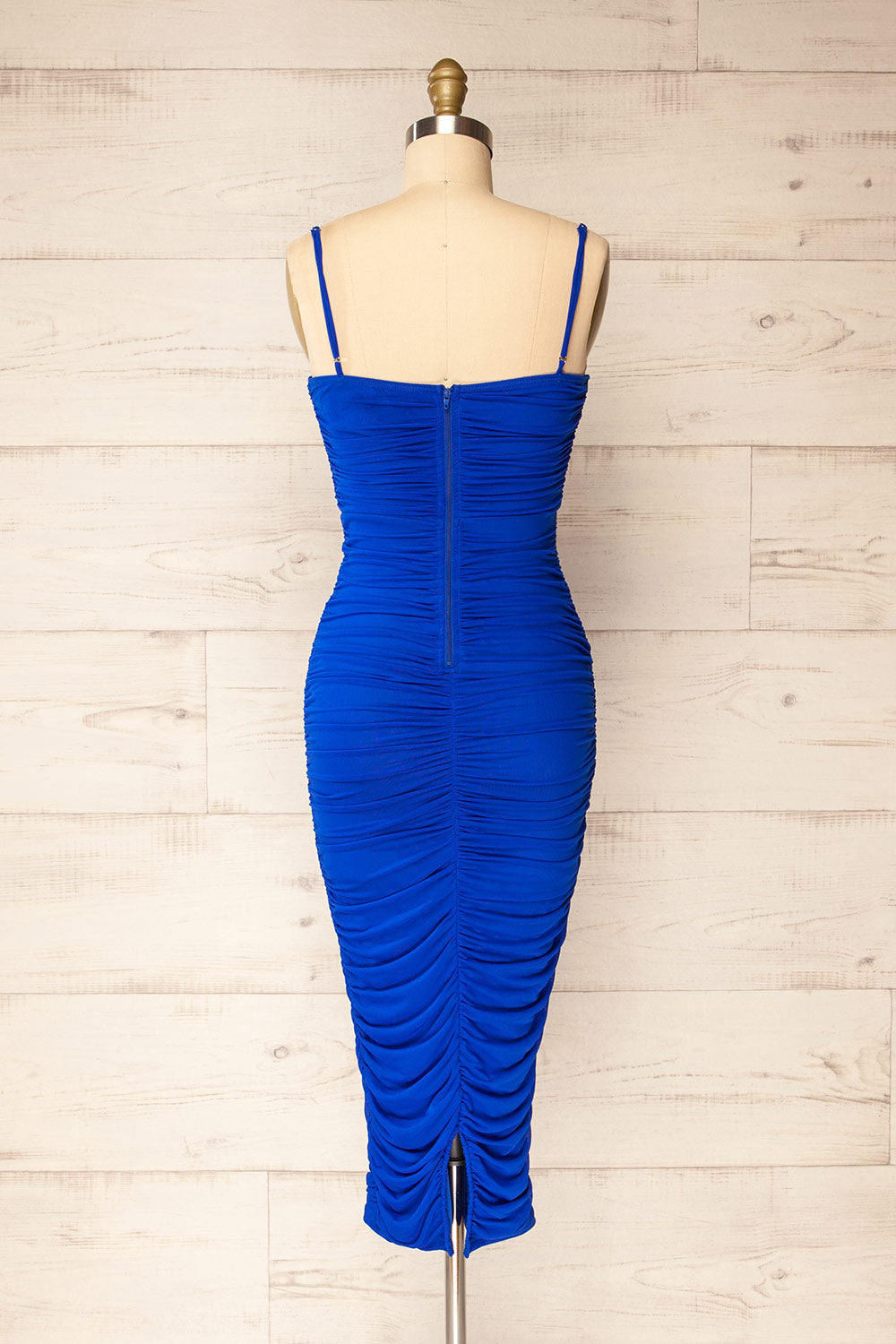 Venise Blue Fitted Ruched Midi Dress w/ Bustier | La petite garçonne back view