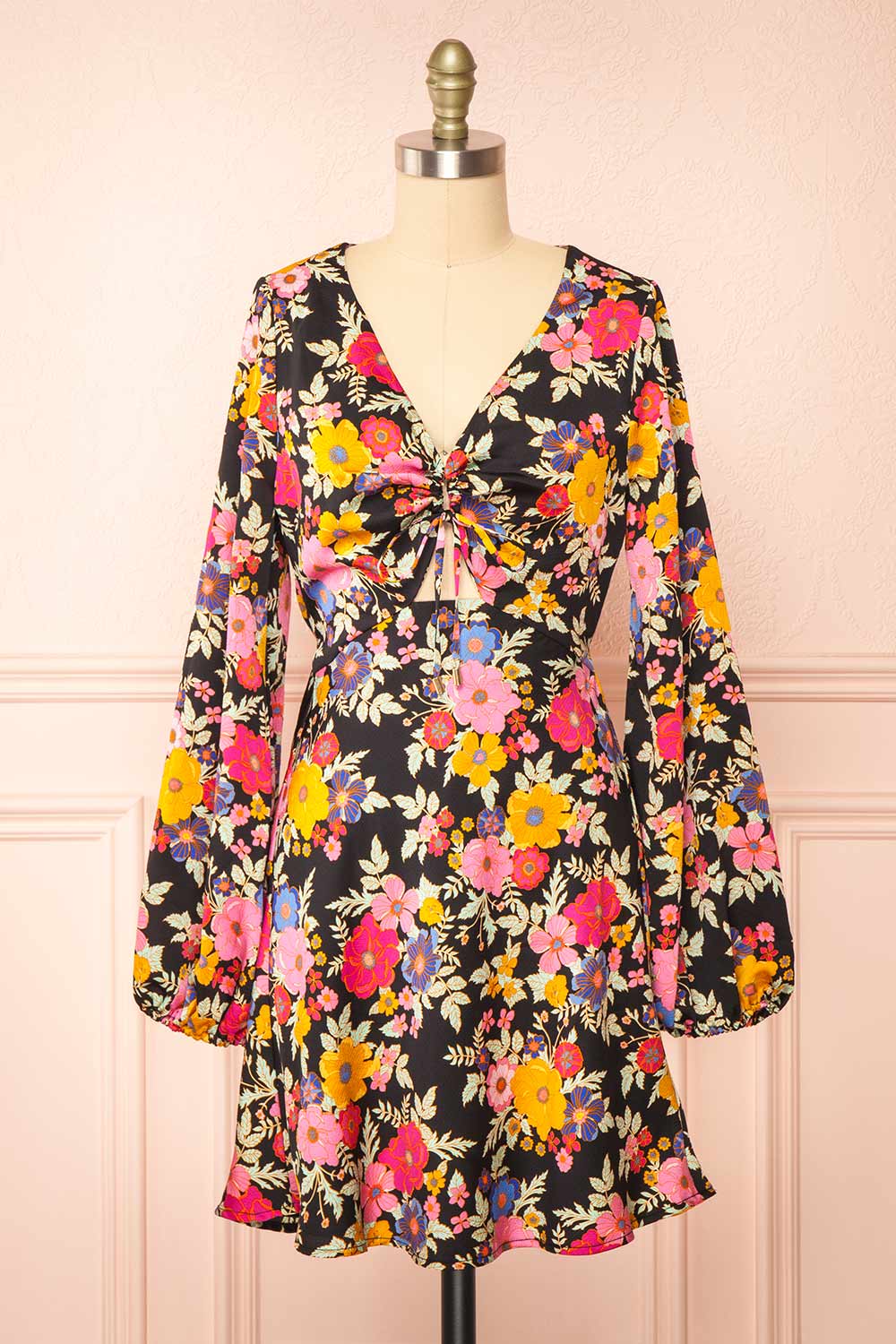 Veradis Black Short Dress w/ Colorful Floral Pattern