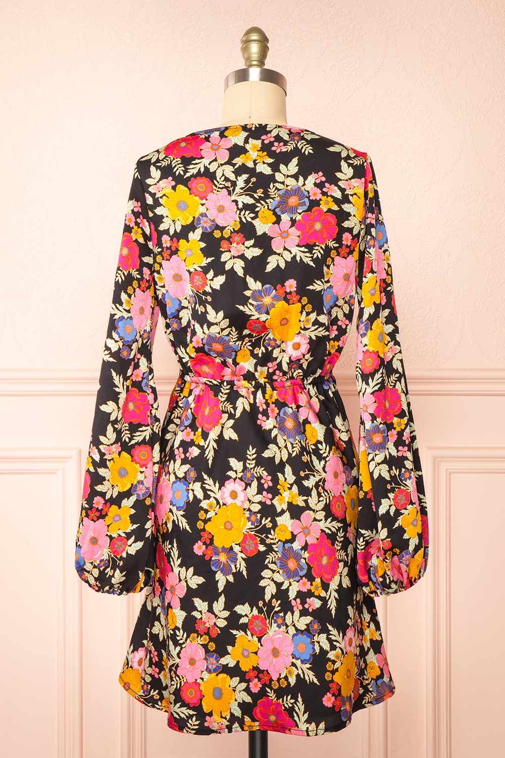 Veradis Black Short Dress w/ Colorful Floral Pattern | Boutique 1861 back view