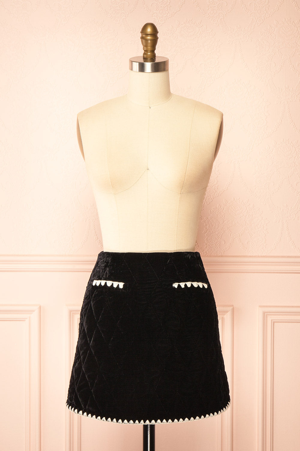 Verana Black Velvet Mini Skirt with White Trim | Boutique 1861 front view