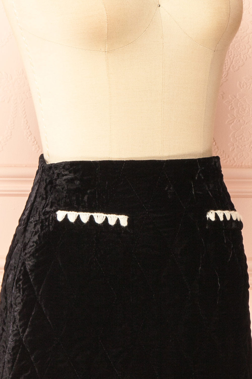 Verana Black Velvet Mini Skirt with White Trim | Boutique 1861 side