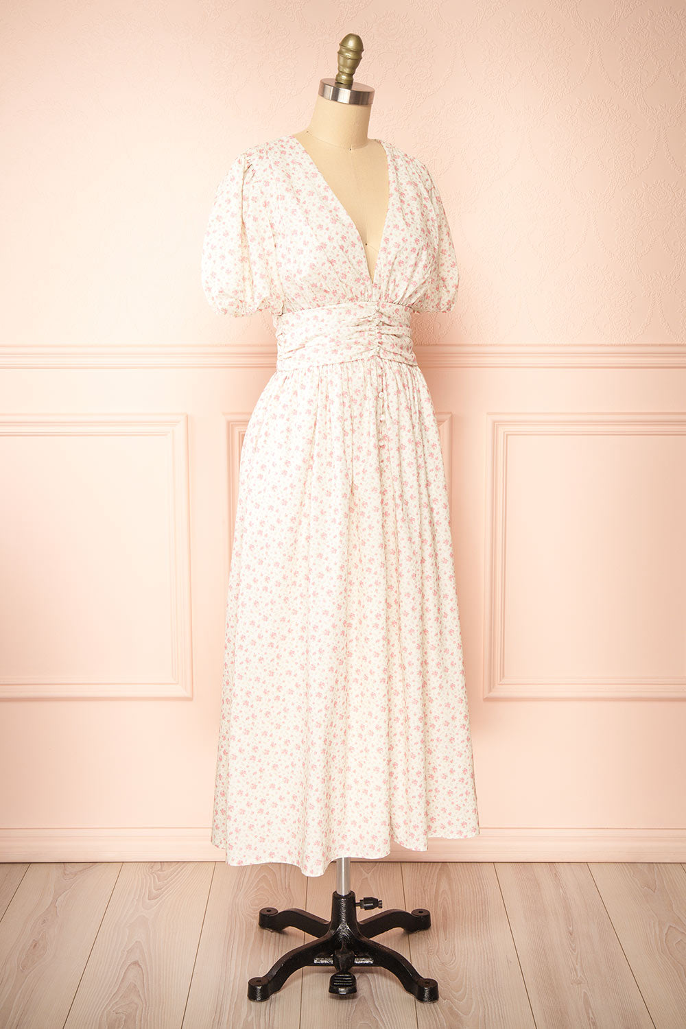 Veronique Midi Floral Dress w/ Puffy Sleeves | Boutique 1861 side view
