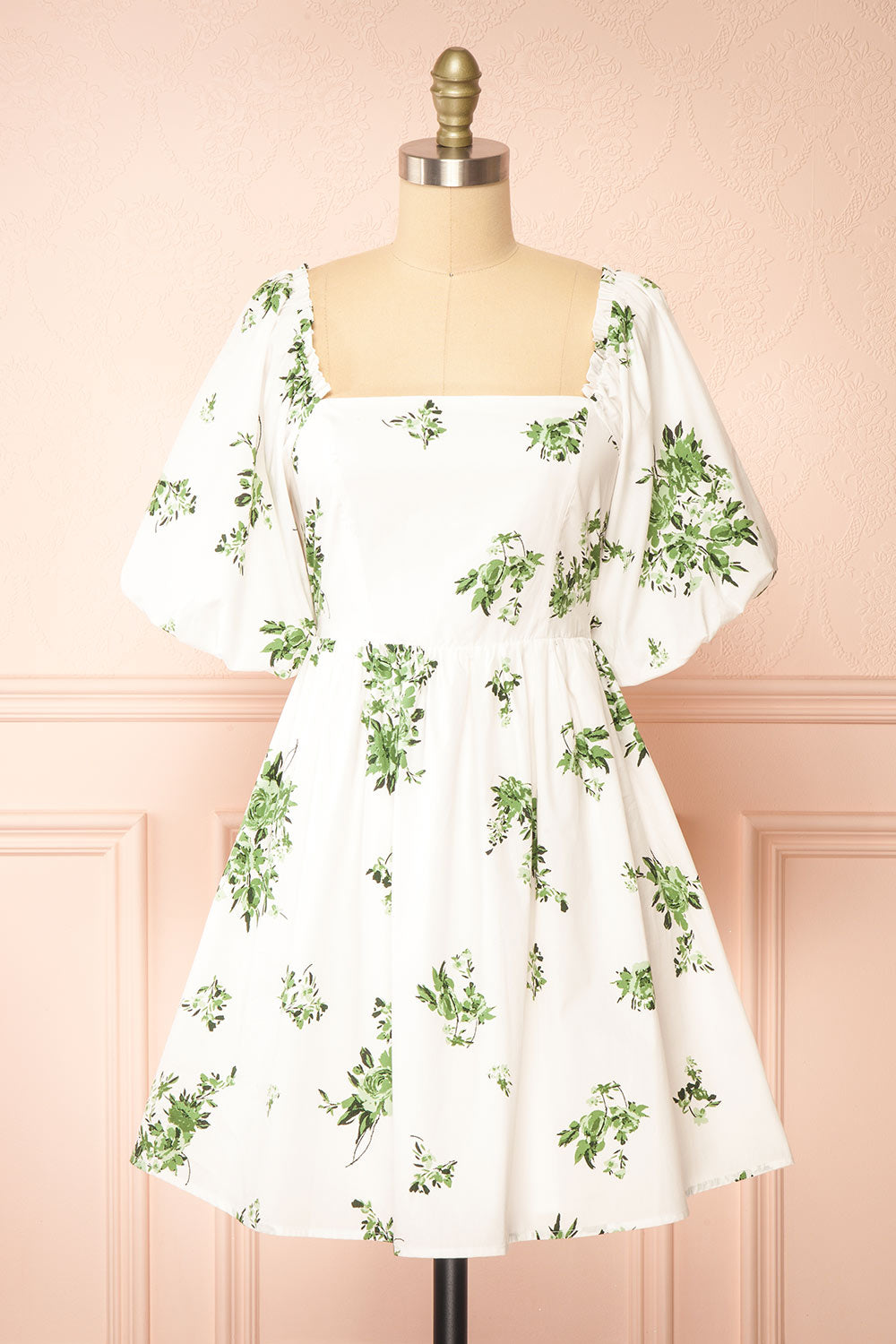 Vertuosa | Short White Dress w/ Green Flowers Vertuosa | Short White Dress w/ Green Flowers