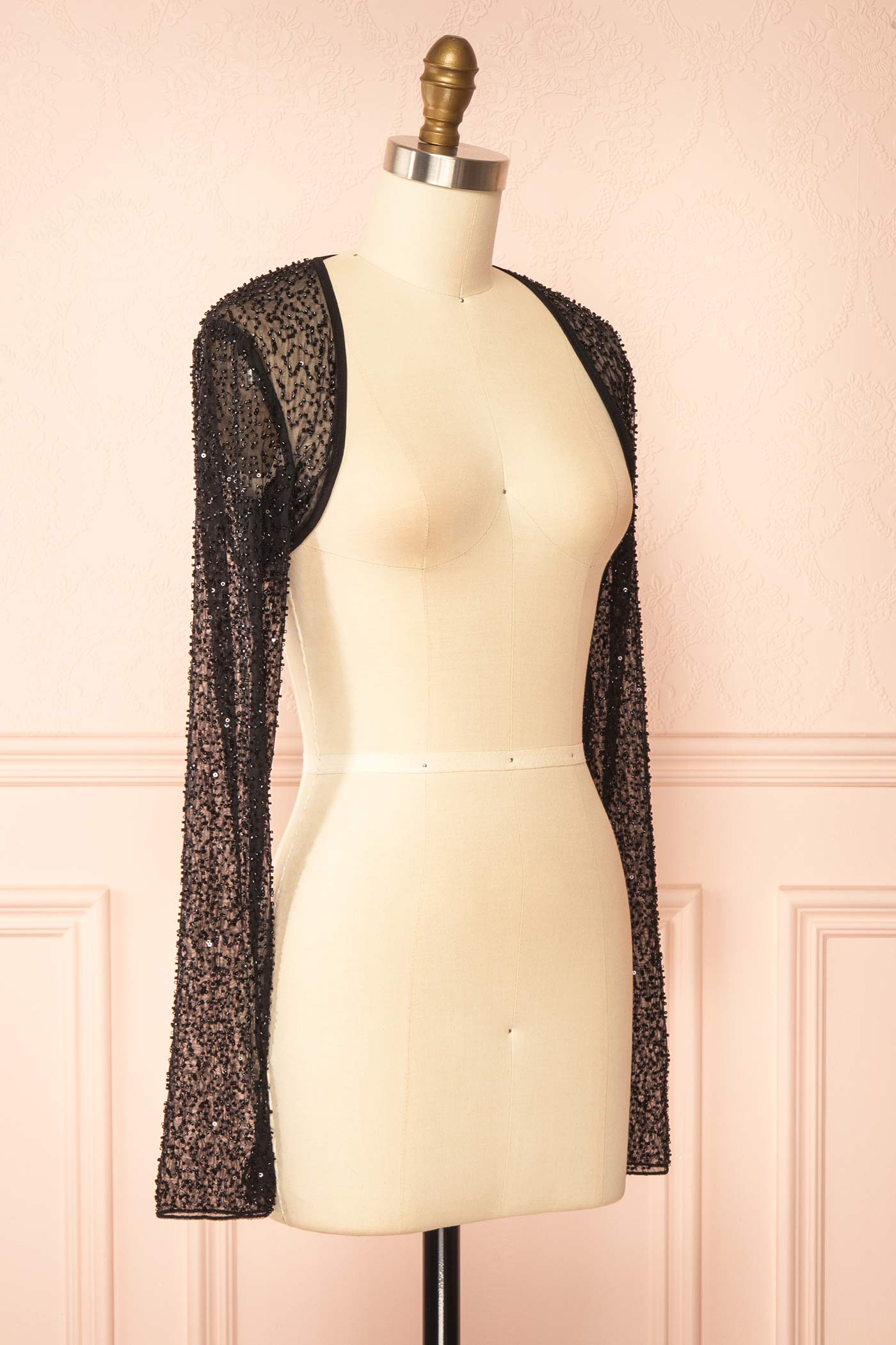 Sideview Vesperia Black Mesh Bolero with Beadwork at boutique 1861