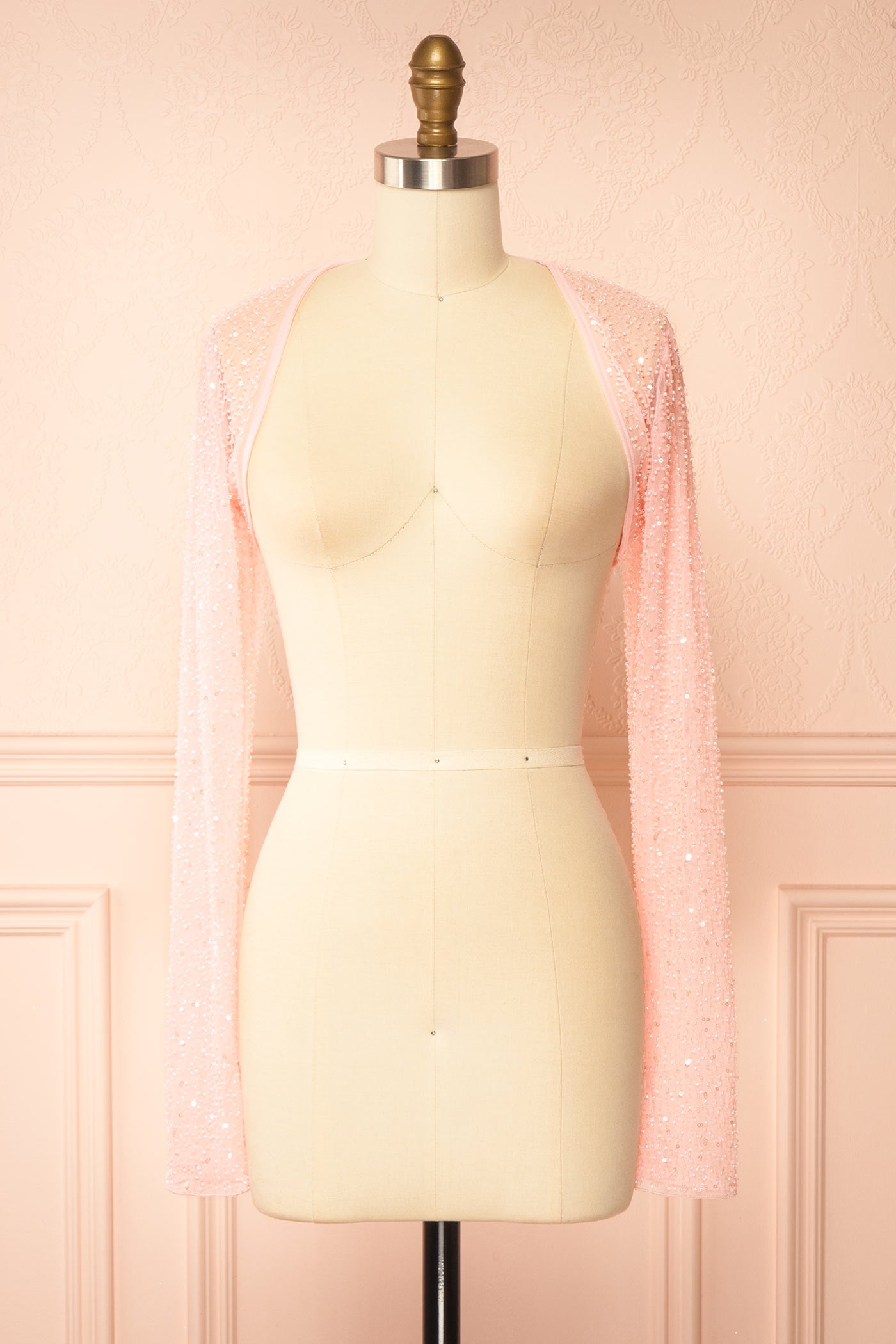 Frontview Vesperia Pink Mesh Bolero with Beadwork at Boutique 1861