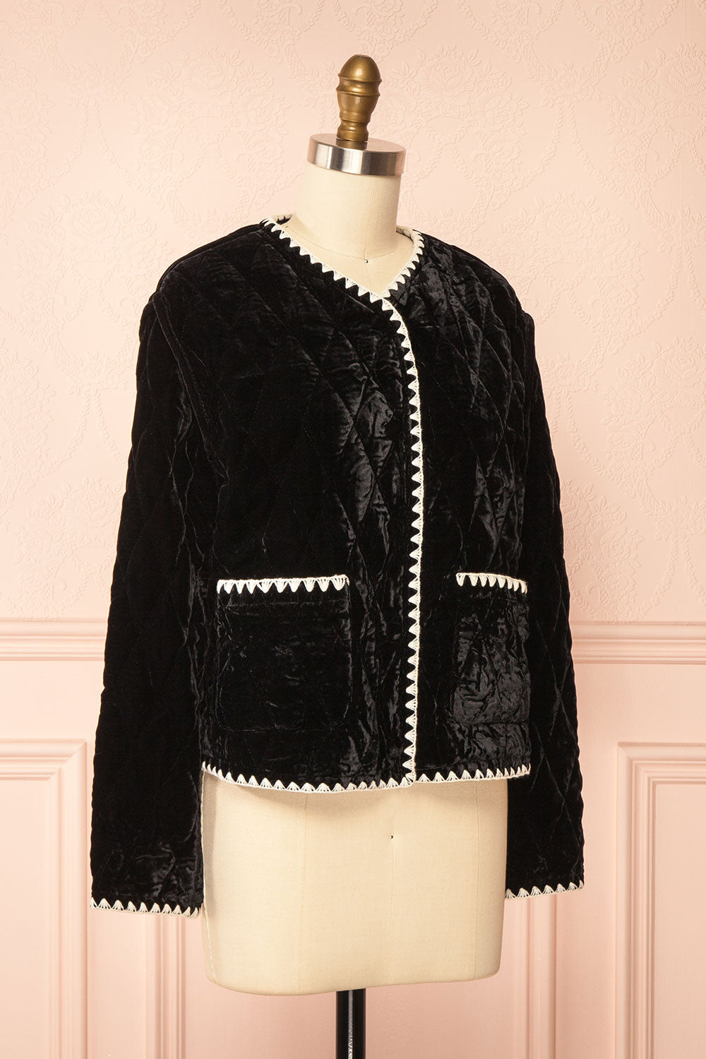 Vicenza Black Velvet Quilted Vest with Scalloped Trim | Boutique 1861 side view