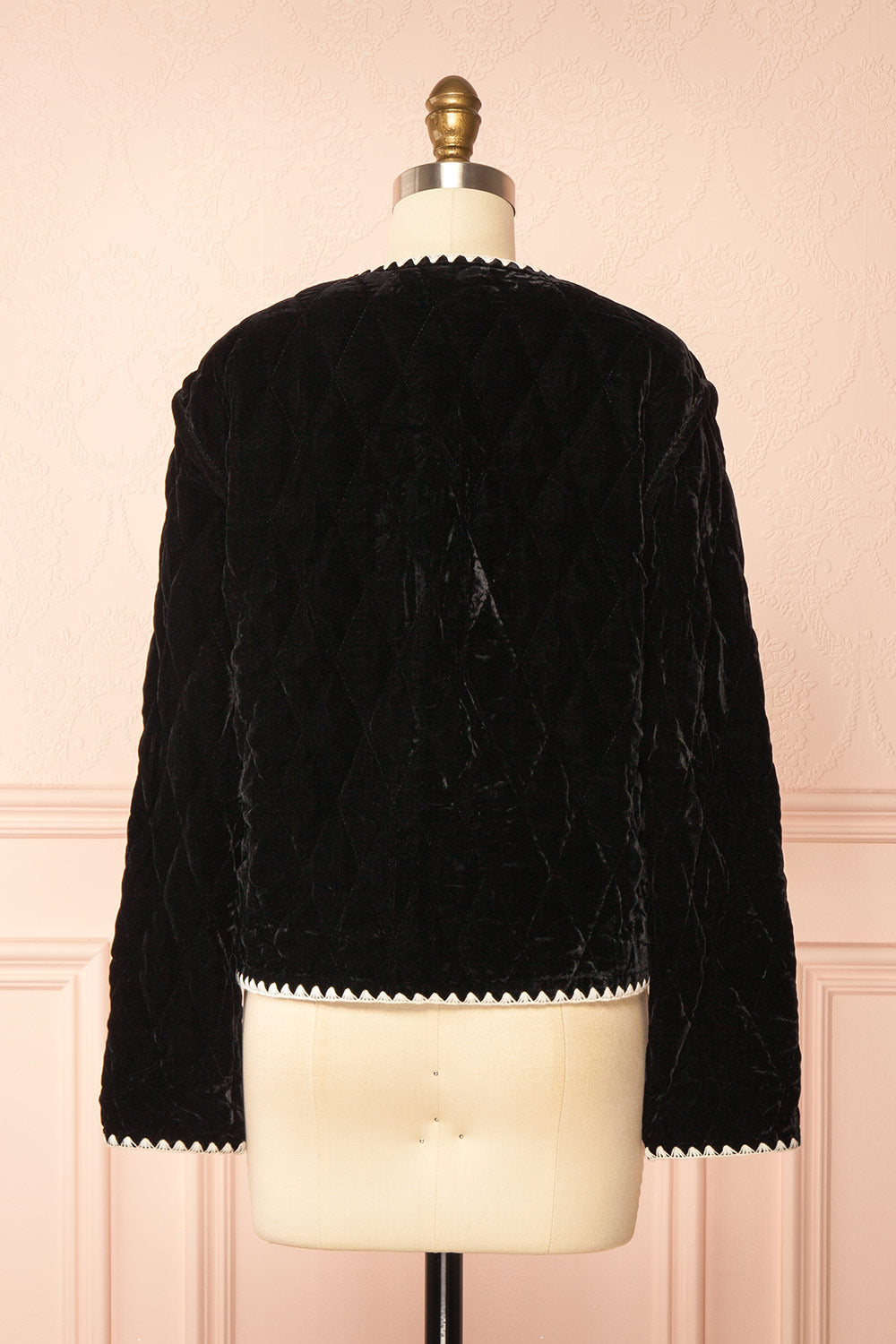 Vicenza Black Velvet Quilted Vest with Scalloped Trim | Boutique 1861 back view