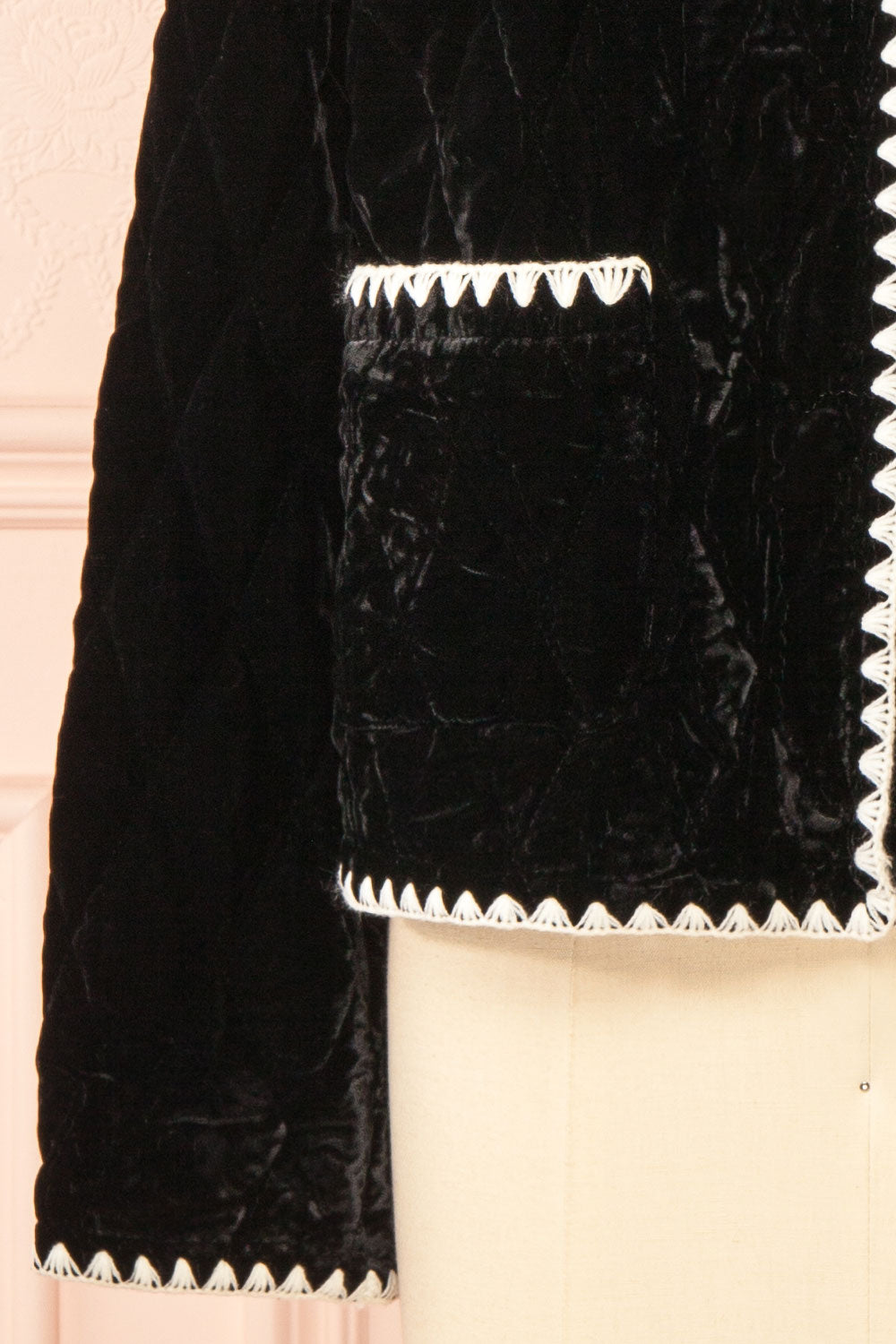 Vicenza Black Velvet Quilted Vest with Scalloped Trim | Boutique 1861 sleeve