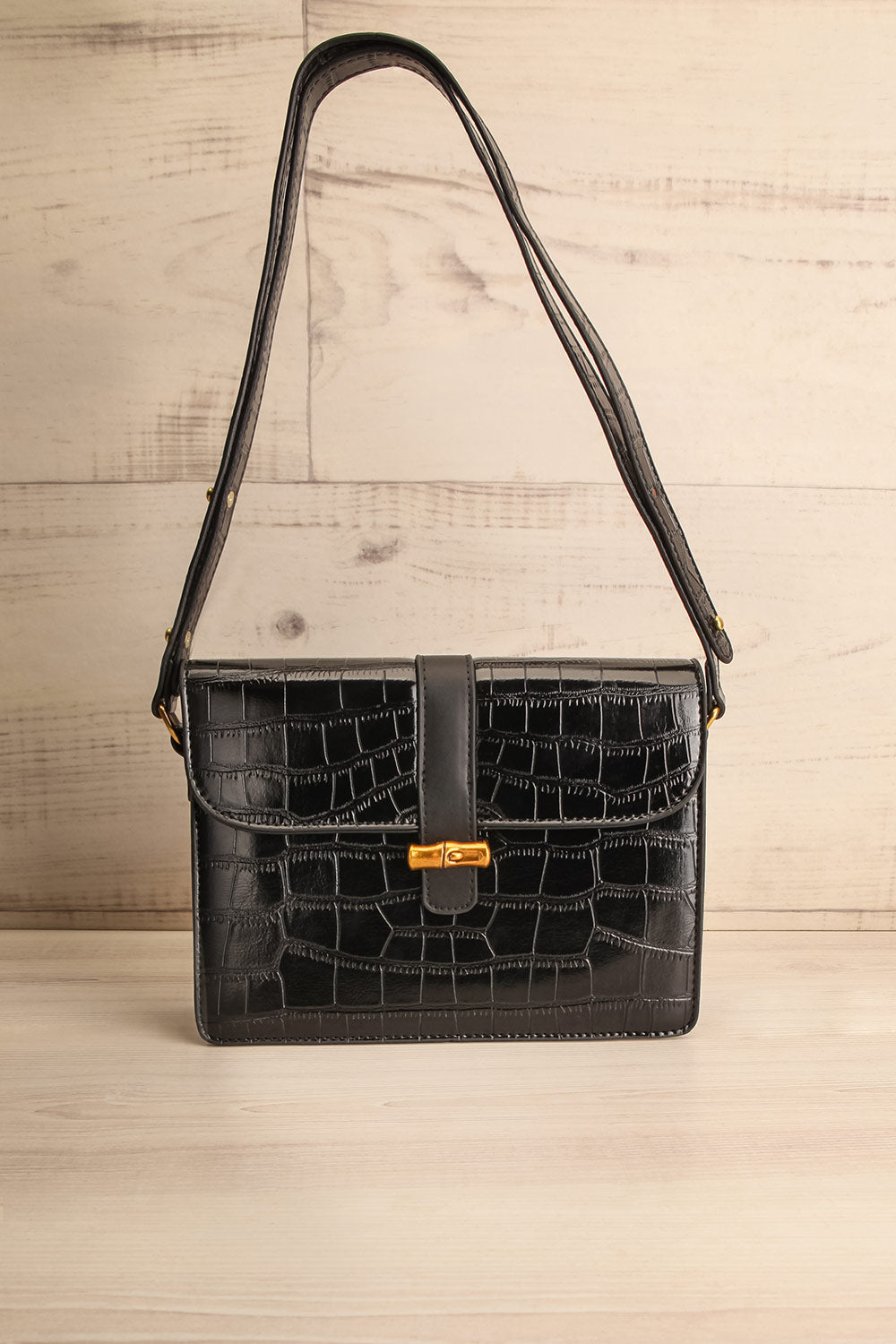 Vicky Black Faux Croc Leather Bag | La petite garçonne front view