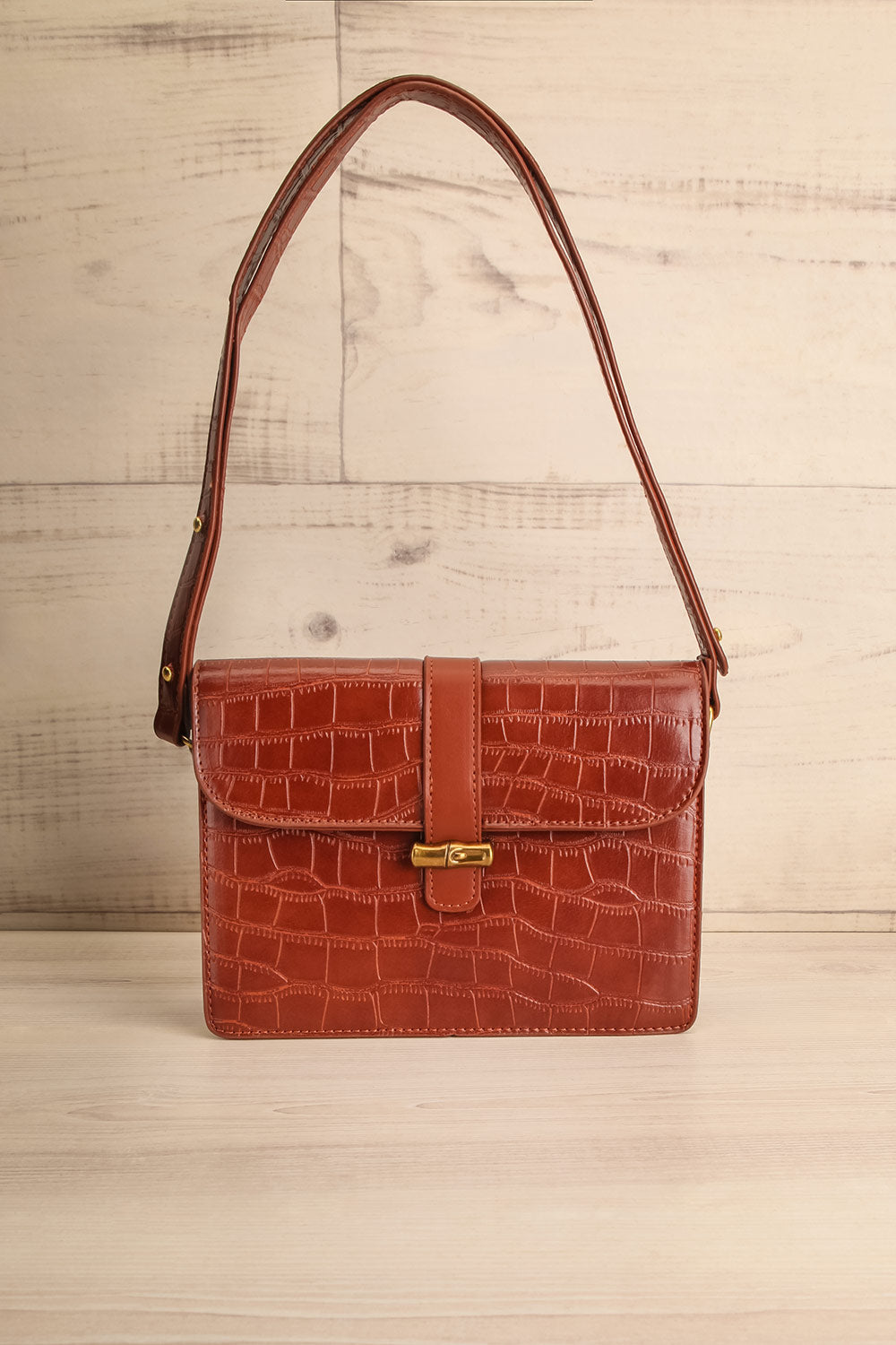 Vicky Caramel Faux Croc Leather Bag | La petite garçonne front view