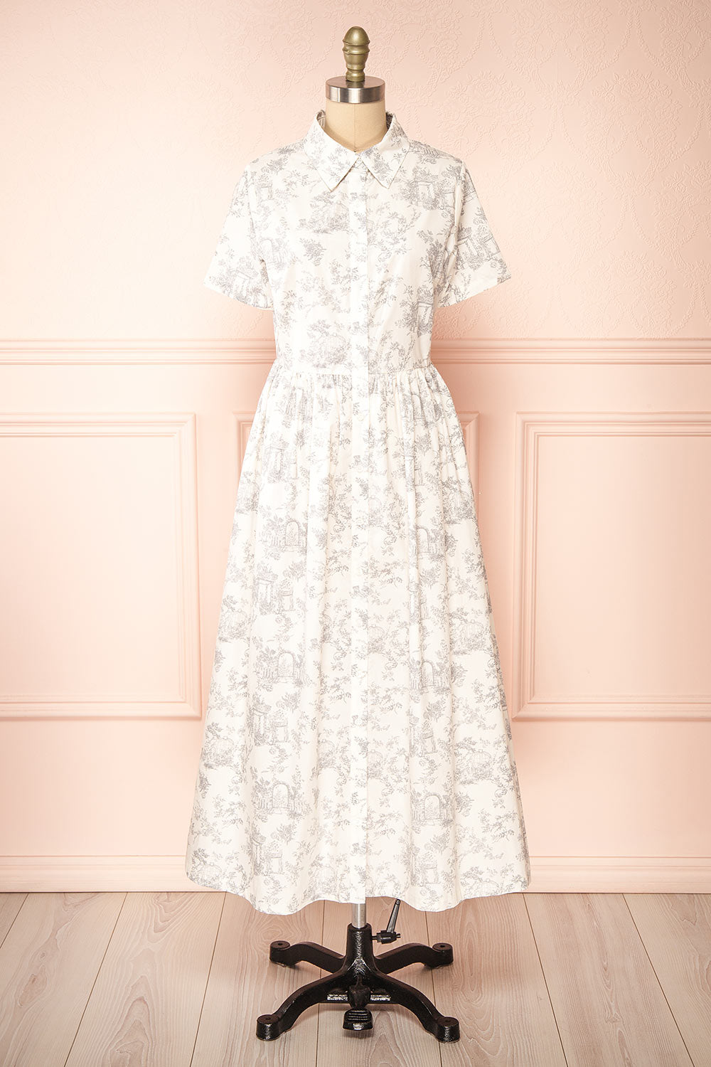 Victoire Midi Shirt Dress w/ Antique Floral Pattern | Boutique 1861 front view