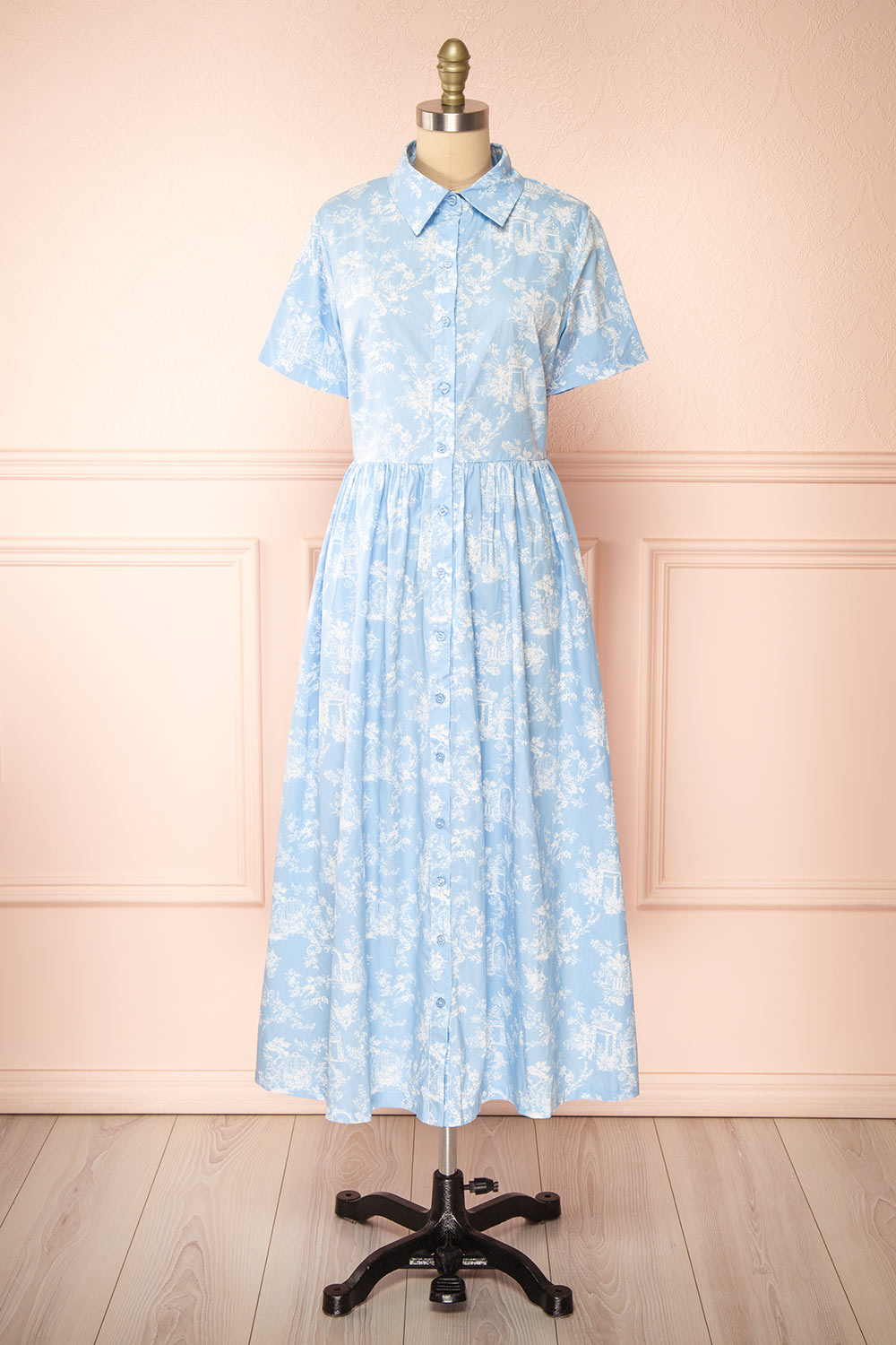 Victoire Blue Buttoned Midi Floral Shirt Dress | Boutique 1861 front view