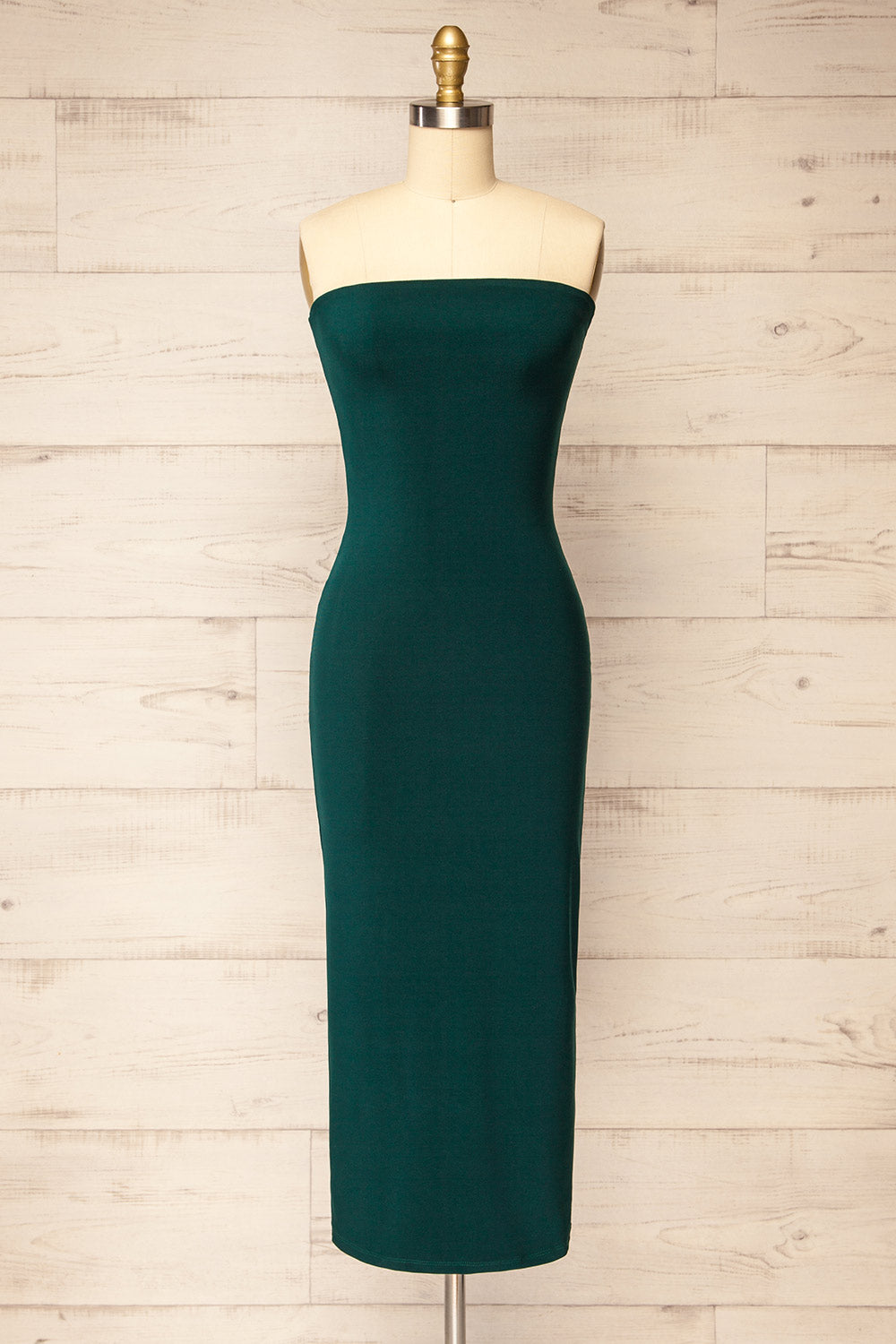 Victorya Green Strapless Fitted Midi Dress | La petite garçonne front view