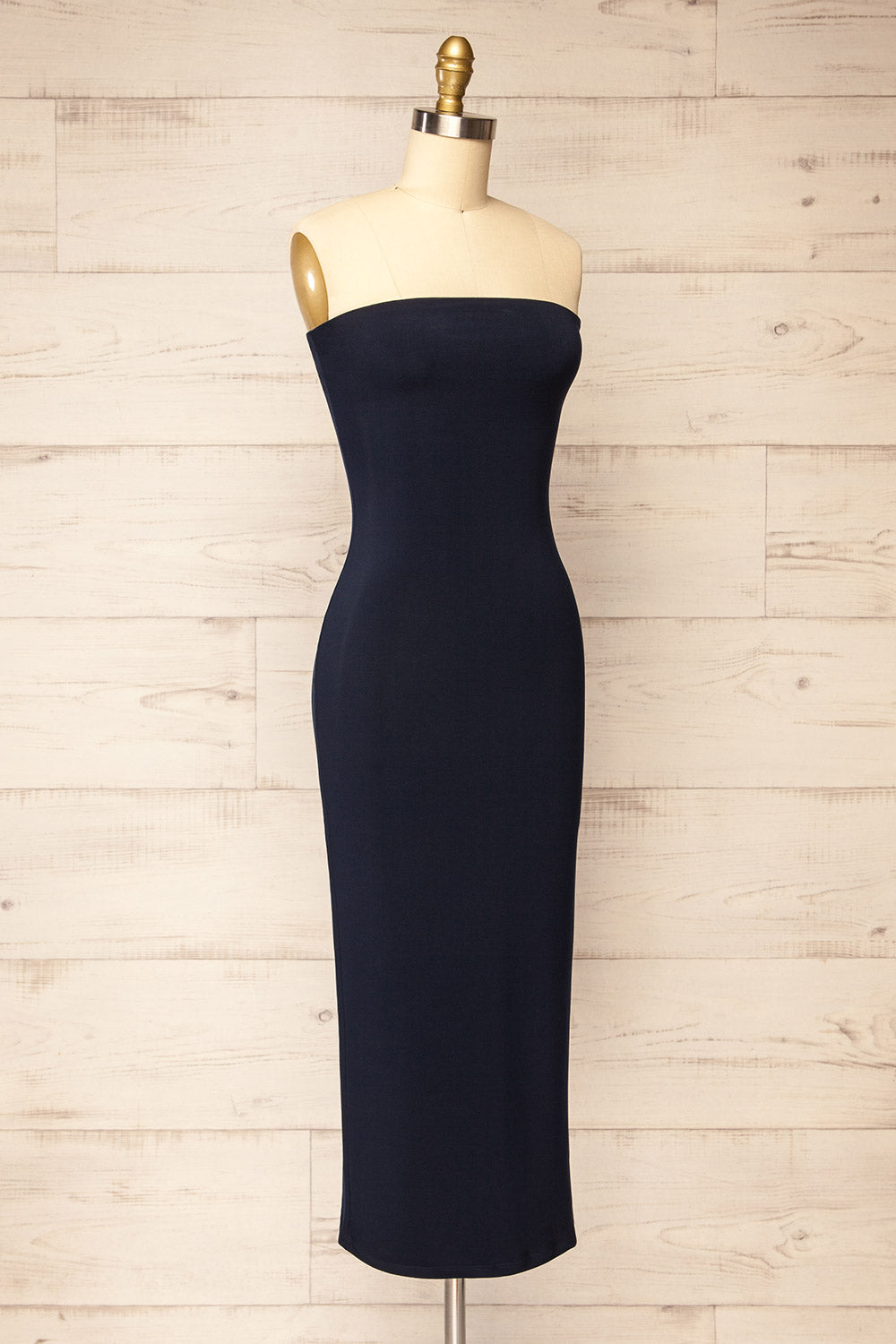 Victorya Navy Strapless Fitted Midi Dress | La petite garçonne side view