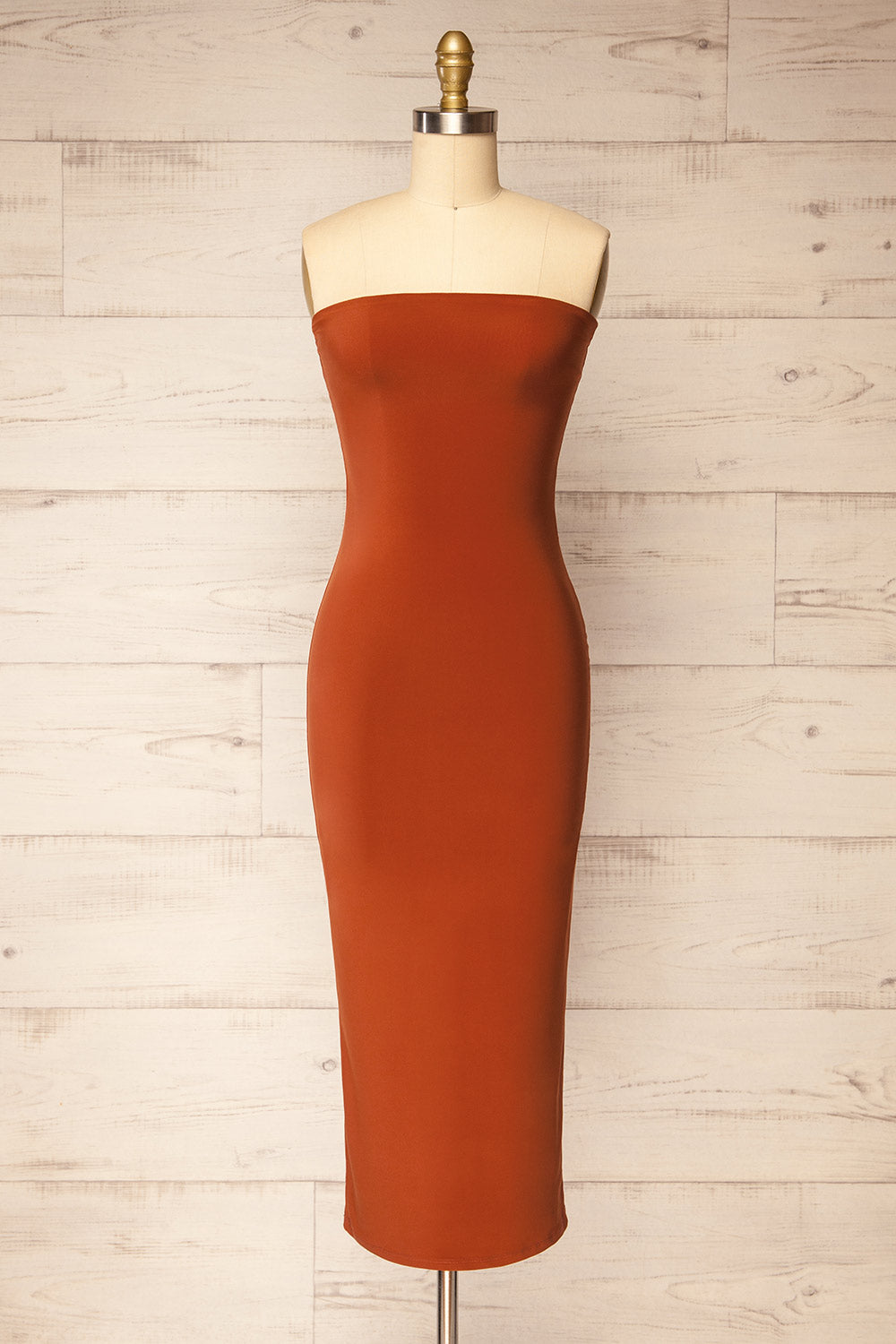Victorya Rust Strapless Fitted Midi Dress | La petite garonne Victorya Rust Strapless Fitted Midi Dress | La petite garonne