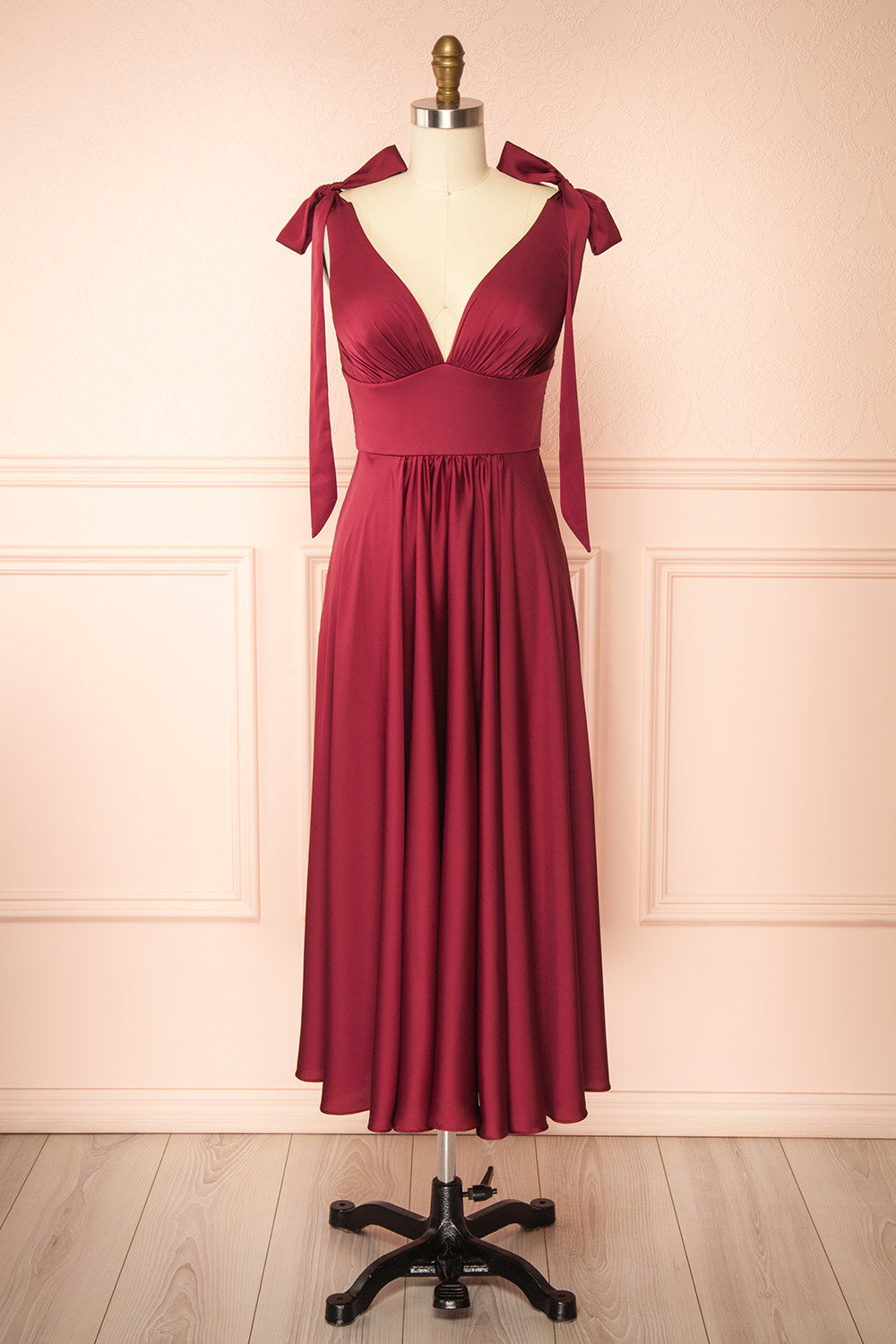 Vida Burgundy Satin Midi Dress with Tie Straps | Boutique 1861 Vida Burgundy Satin Midi Dress with Tie Straps | Boutique 1861