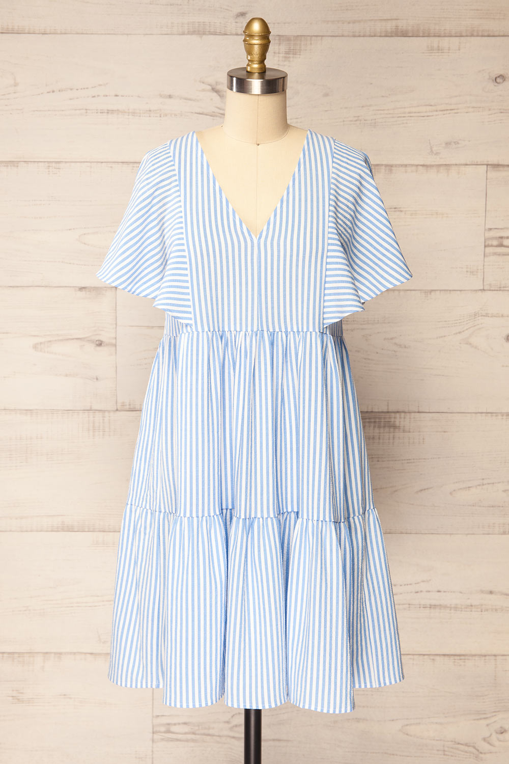Vika Blue Striped Short Dress w/ Short Sleeves | La petite garçonne front view