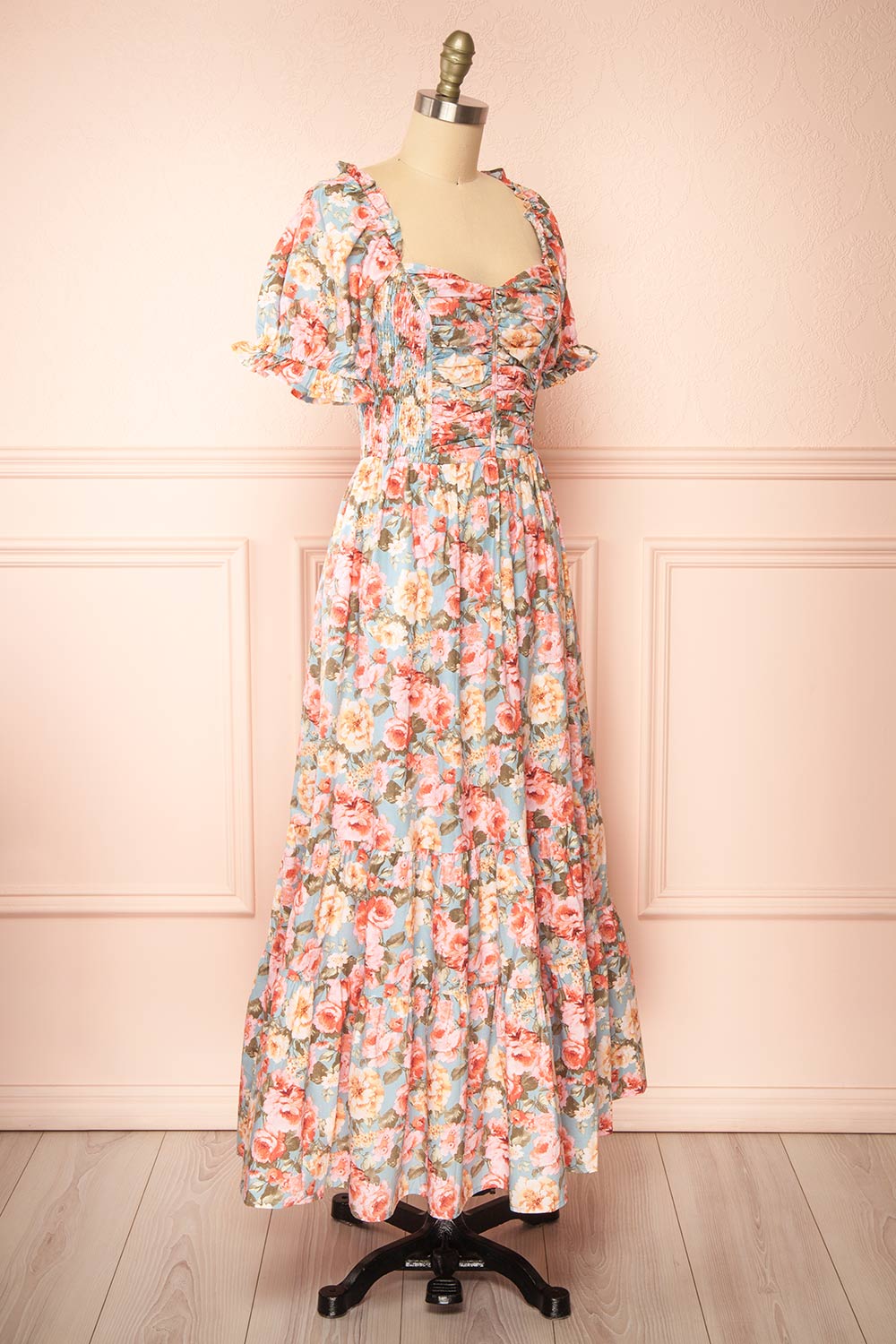 Vintiji Long Floral Dress w/ Ruched Top | Boutique 1861 side view