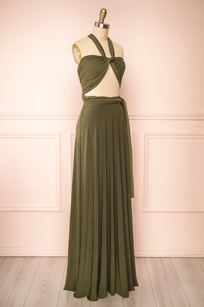 Violaine Khaki Convertible Maxi Dress | Boutique 1861 side view