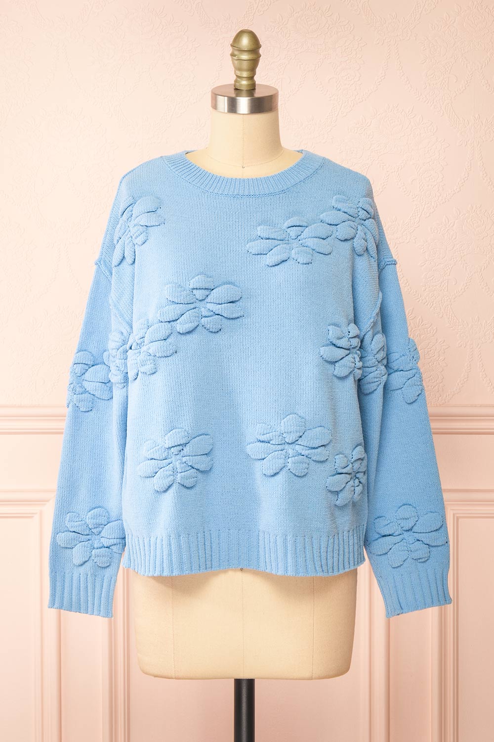 Vitis Blue Sweater w/ 3D Floral Embroidery | Boutique 1861 front view