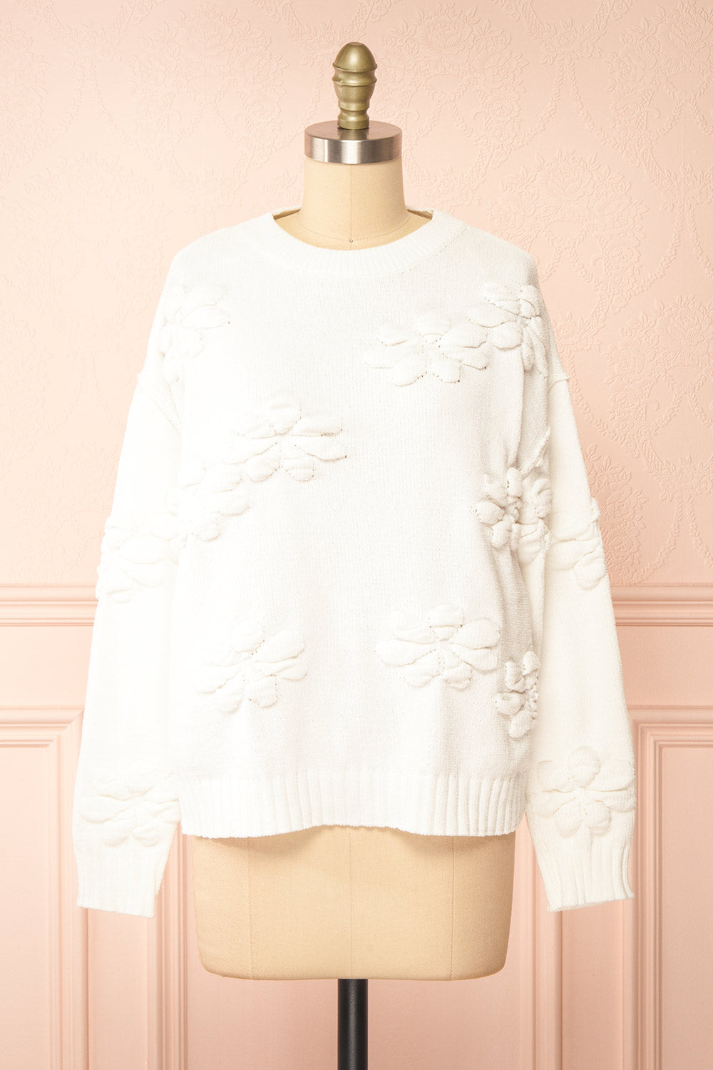Vitis White Sweater w/ 3D Floral Embroidery | Boutique 1861 front view