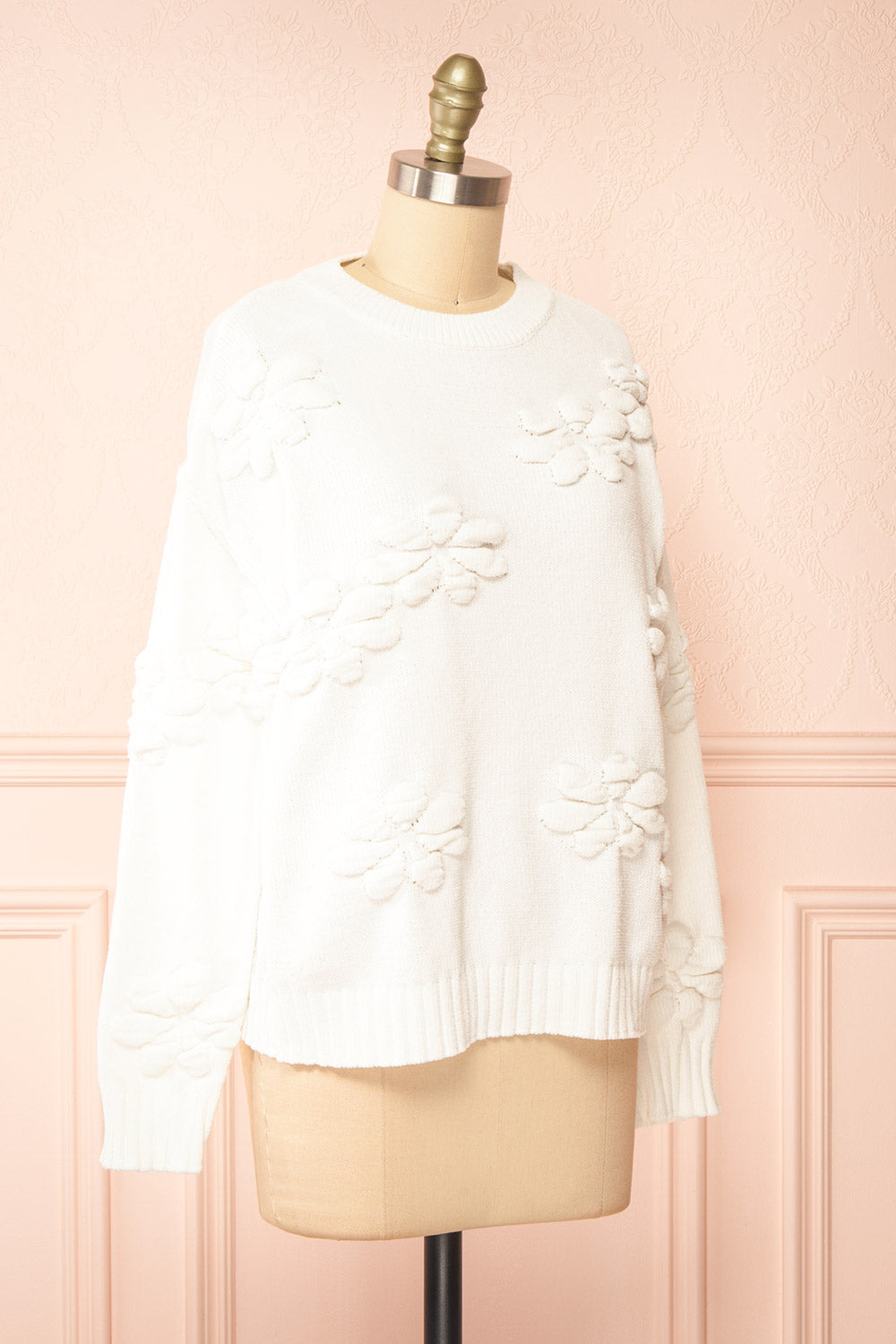Vitis White Sweater w/ 3D Floral Embroidery | Boutique 1861 side view