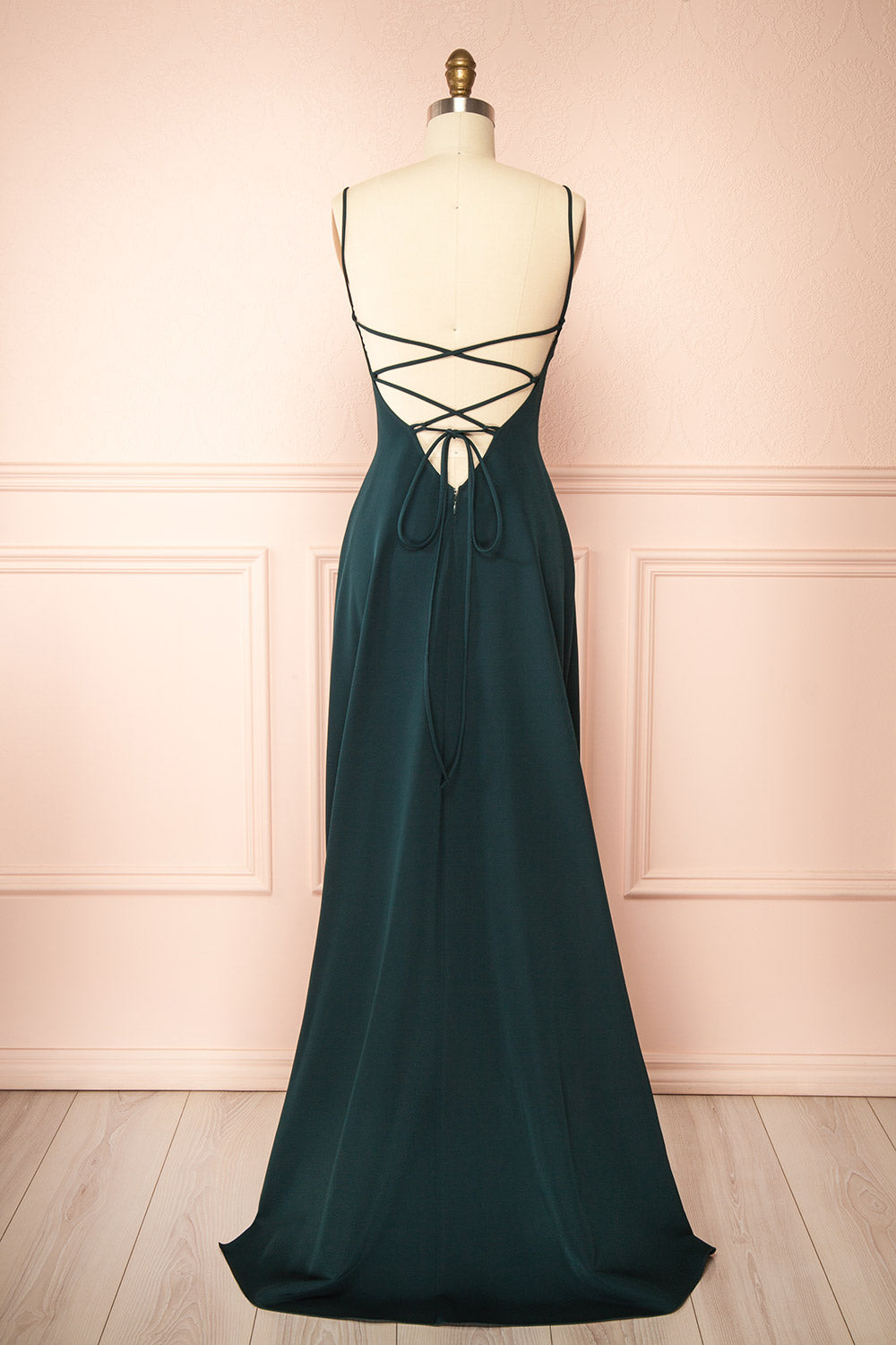 Vivina Green A-line Maxi Dress w/ Open Back | Boutique 1861 back view