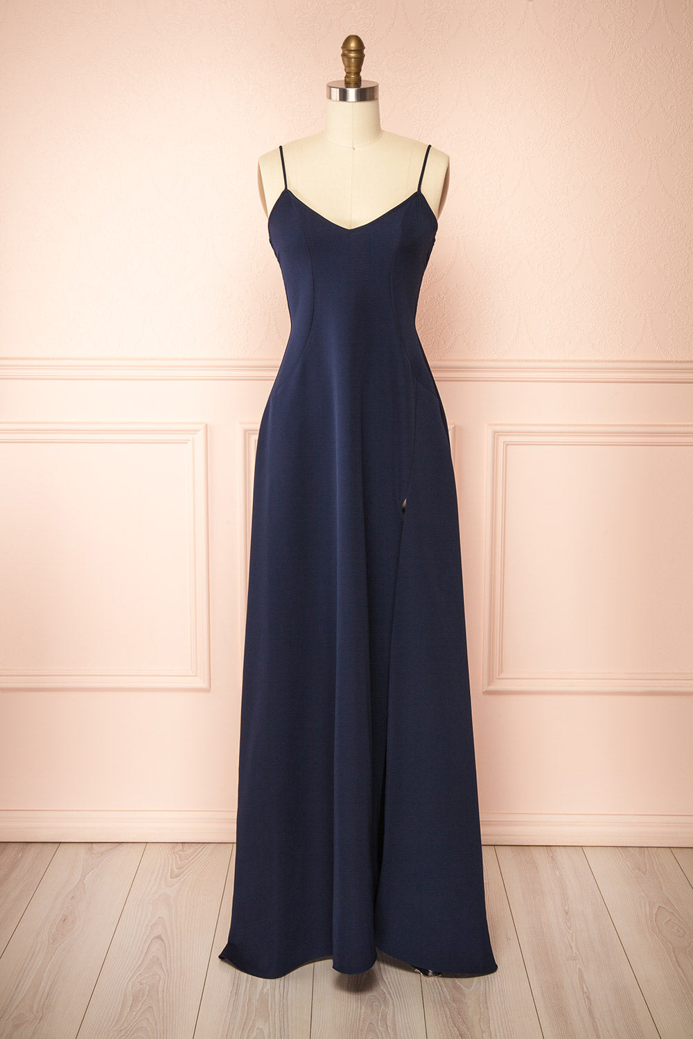 Vivina Navy A-line Maxi Dress w/ Open Back | Boutique 1861 front view