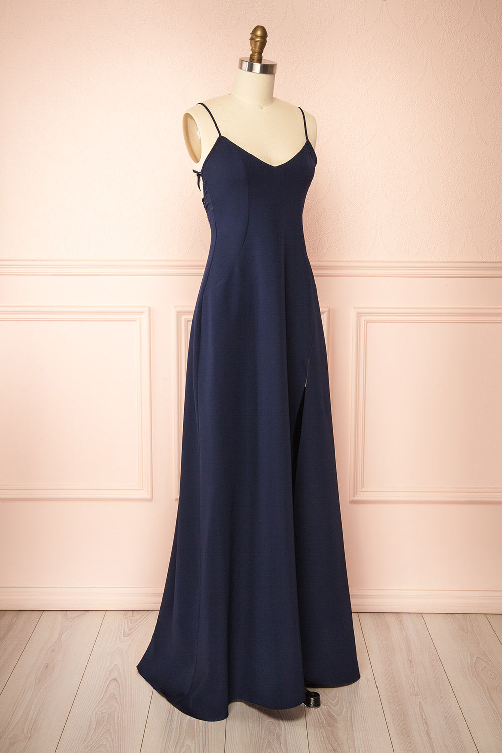 Vivina Navy A-line Maxi Dress w/ Open Back | Boutique 1861 back view
