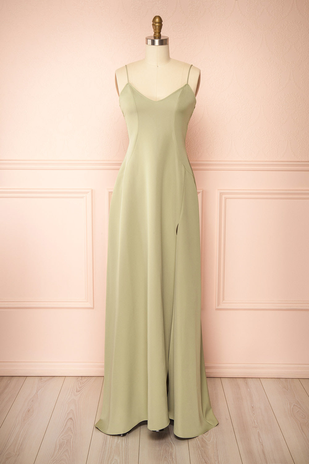 Vivina Sage A-line Maxi Dress w/ Open Back | Boutique 1861 front view