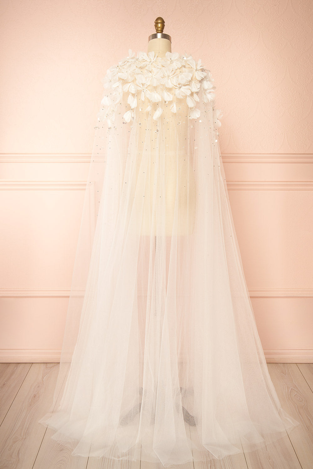 Volina Ivory Floral Embroidered Tulle Cape with Feathers | Boudoir 1861 back view