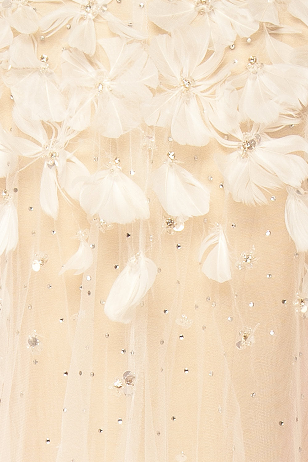 Volina Ivory Floral Embroidered Tulle Cape with Feathers | Boudoir 1861 fabric