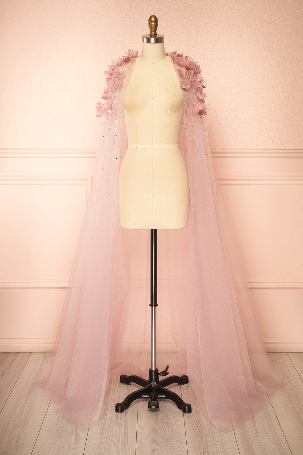 Volina Mauve Floral Embroidered Tulle Cape with Feathers | Boudoir 1861 front view