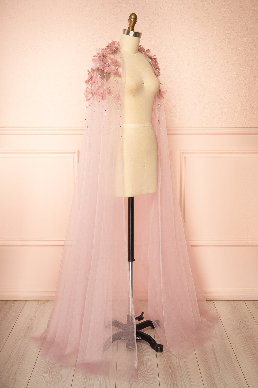 Volina Mauve Floral Embroidered Tulle Cape with Feathers | Boudoir 1861 side view
