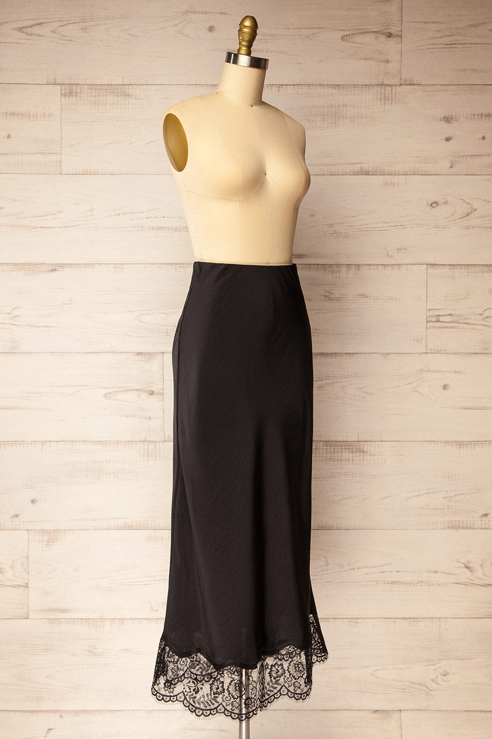 Vrako Black Midi Satin Skirt with Lace | La petite garçonne side model