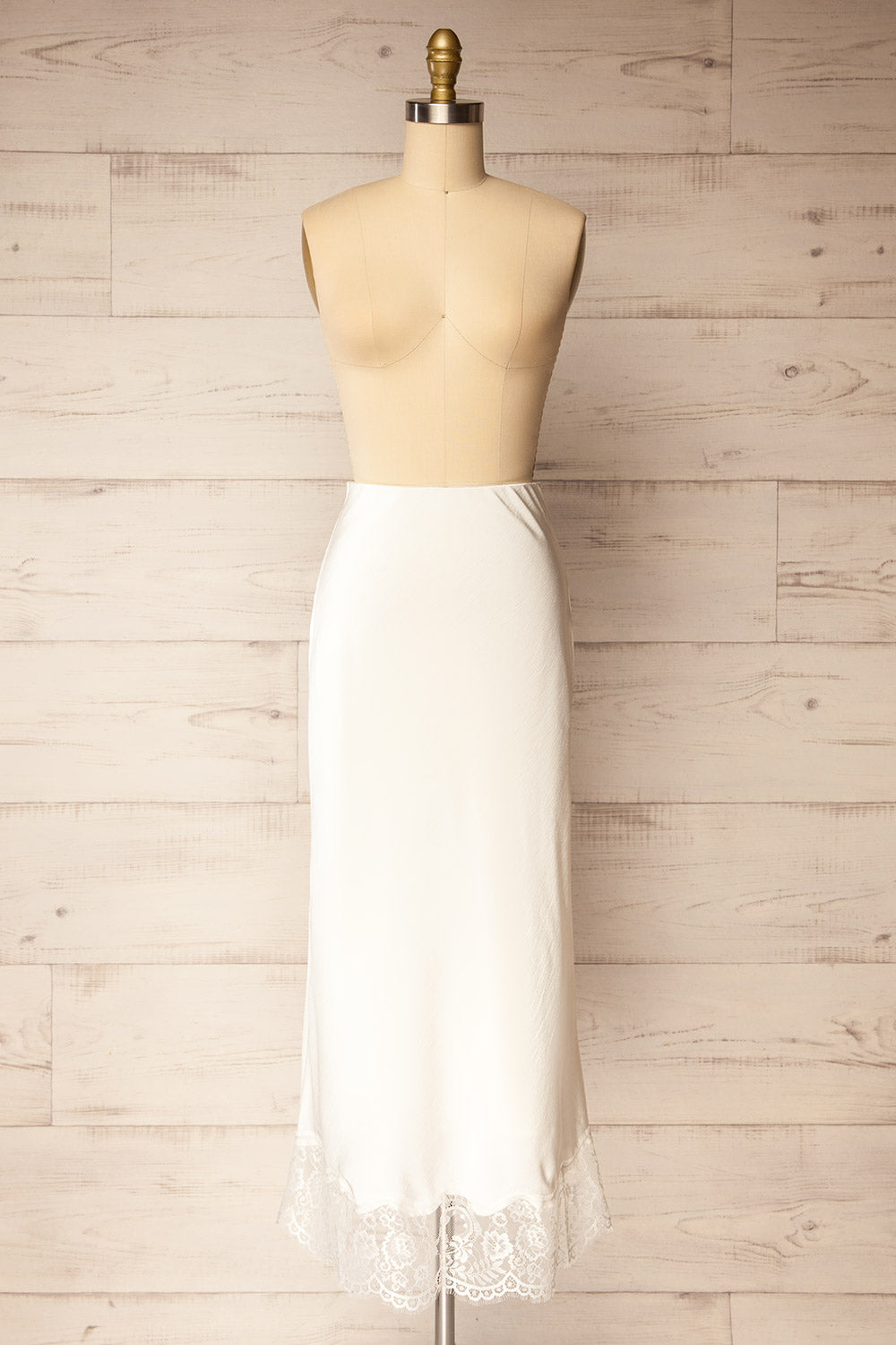 Vrako Ivory Midi Satin Skirt with Lace | La petite garçonne front view
