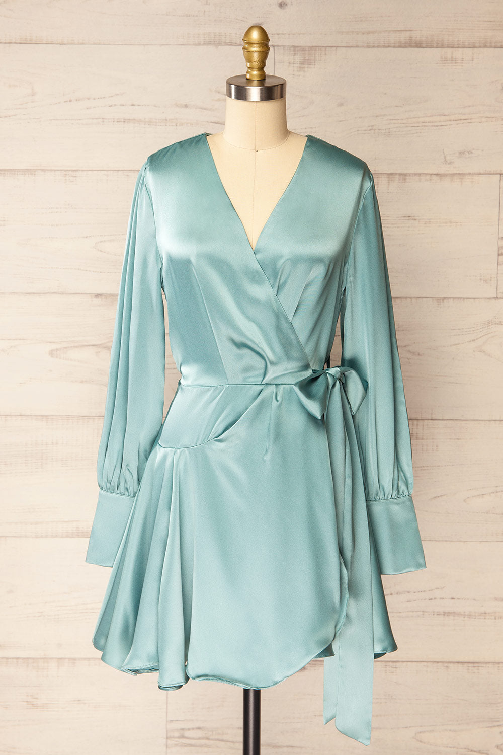 Warrington Blue Green Satin Wrap Dress La petite garçonne