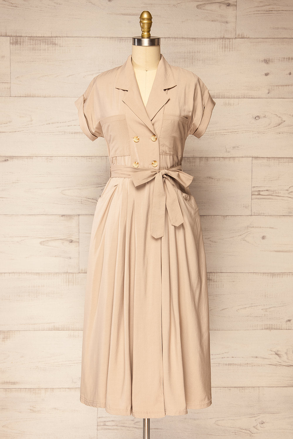 Waverly Beige Double-Breasted Dress w/ Tie Belt | La petite garçonne front view