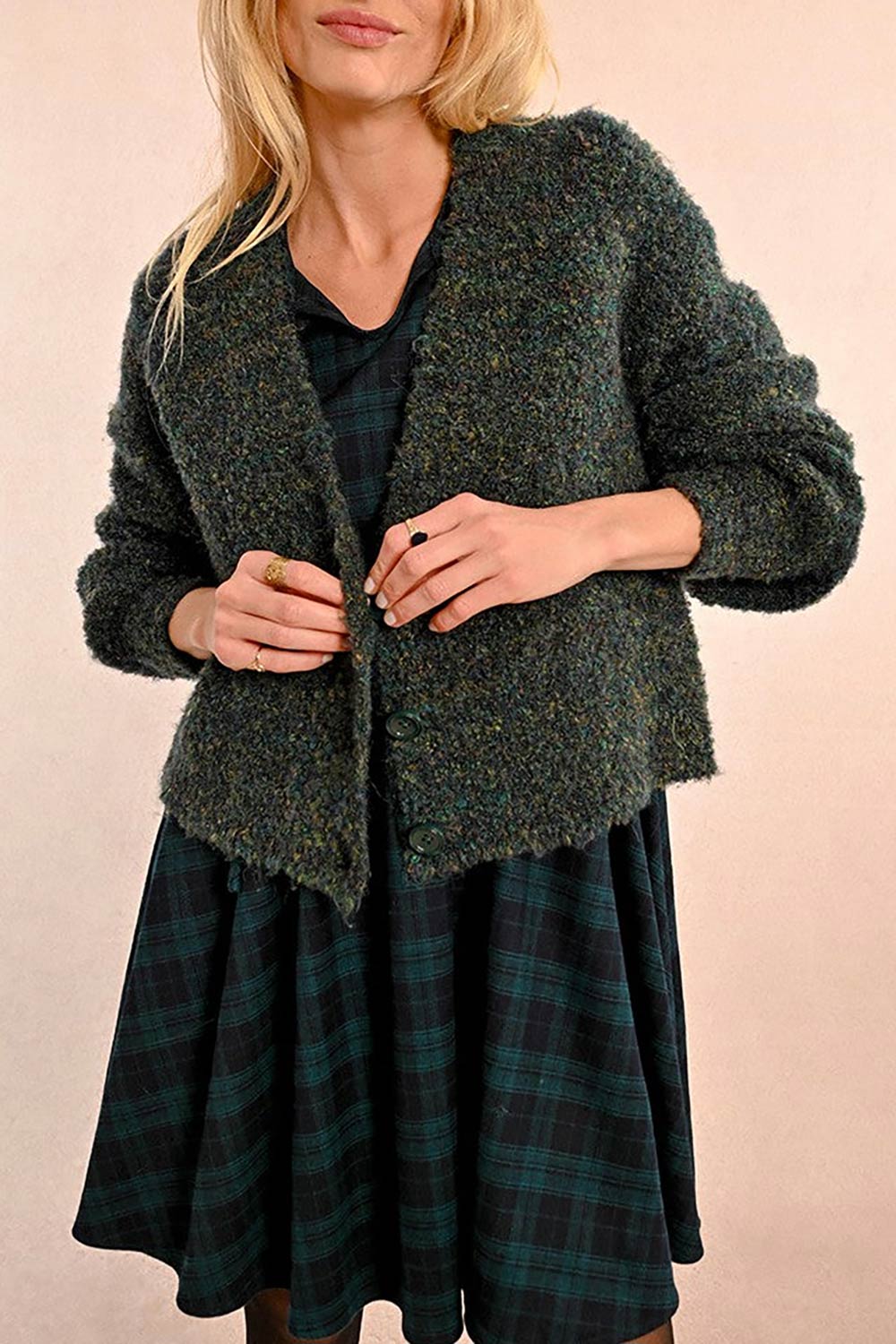 Welp Green Soft Knit Cardigan | La petite garçonne model