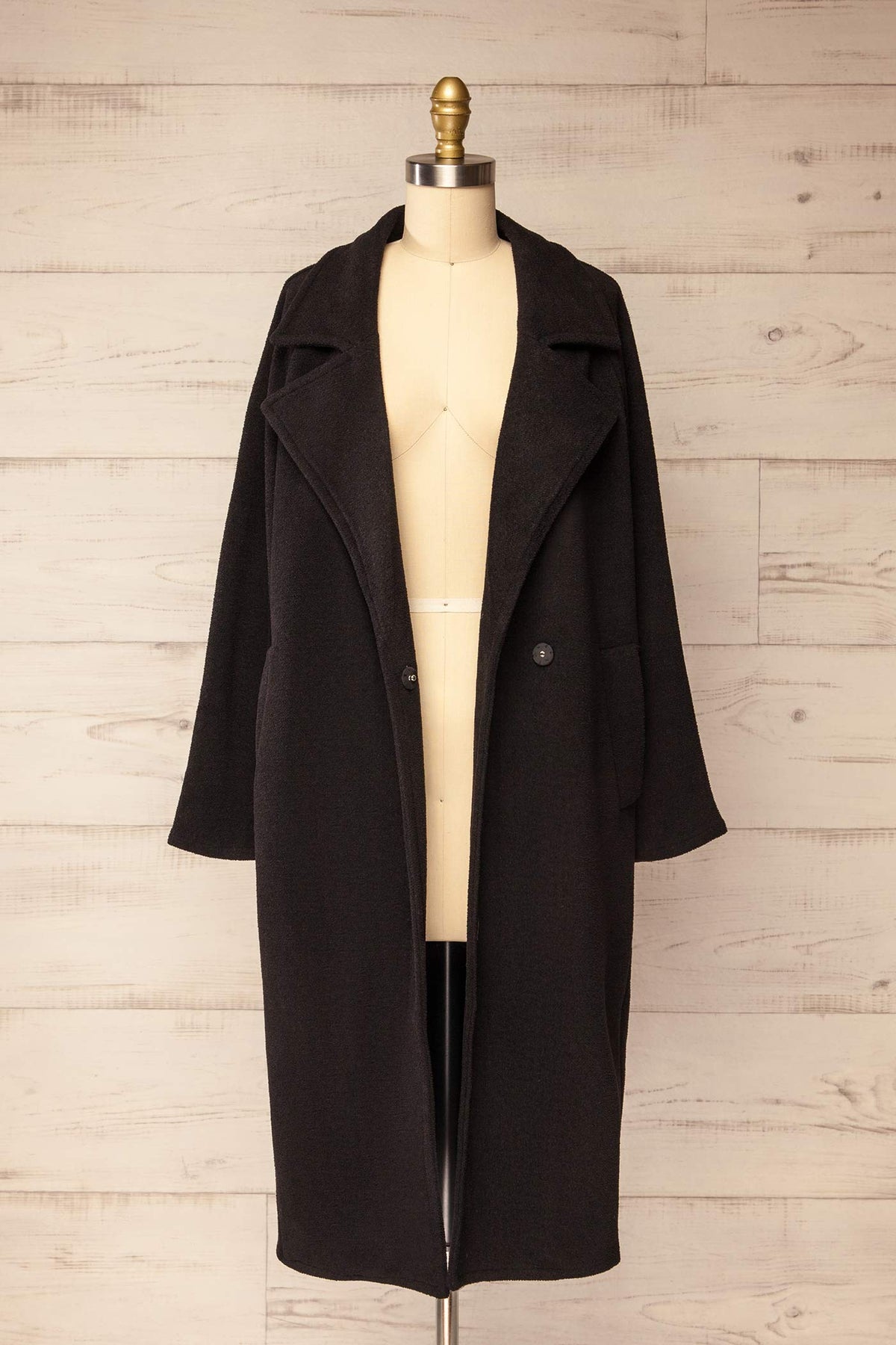 front view of Wollongong Long Black Fleece Coat open at La petite garçonne