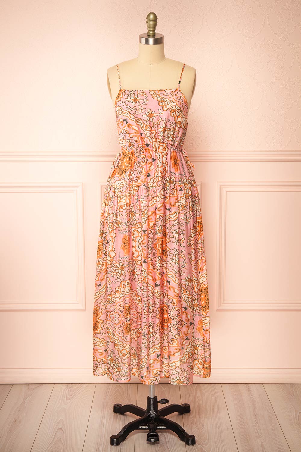 strapless open back dress Elora Hot Pink Placement Floral Asymmetric Midi Dress – Club L London
