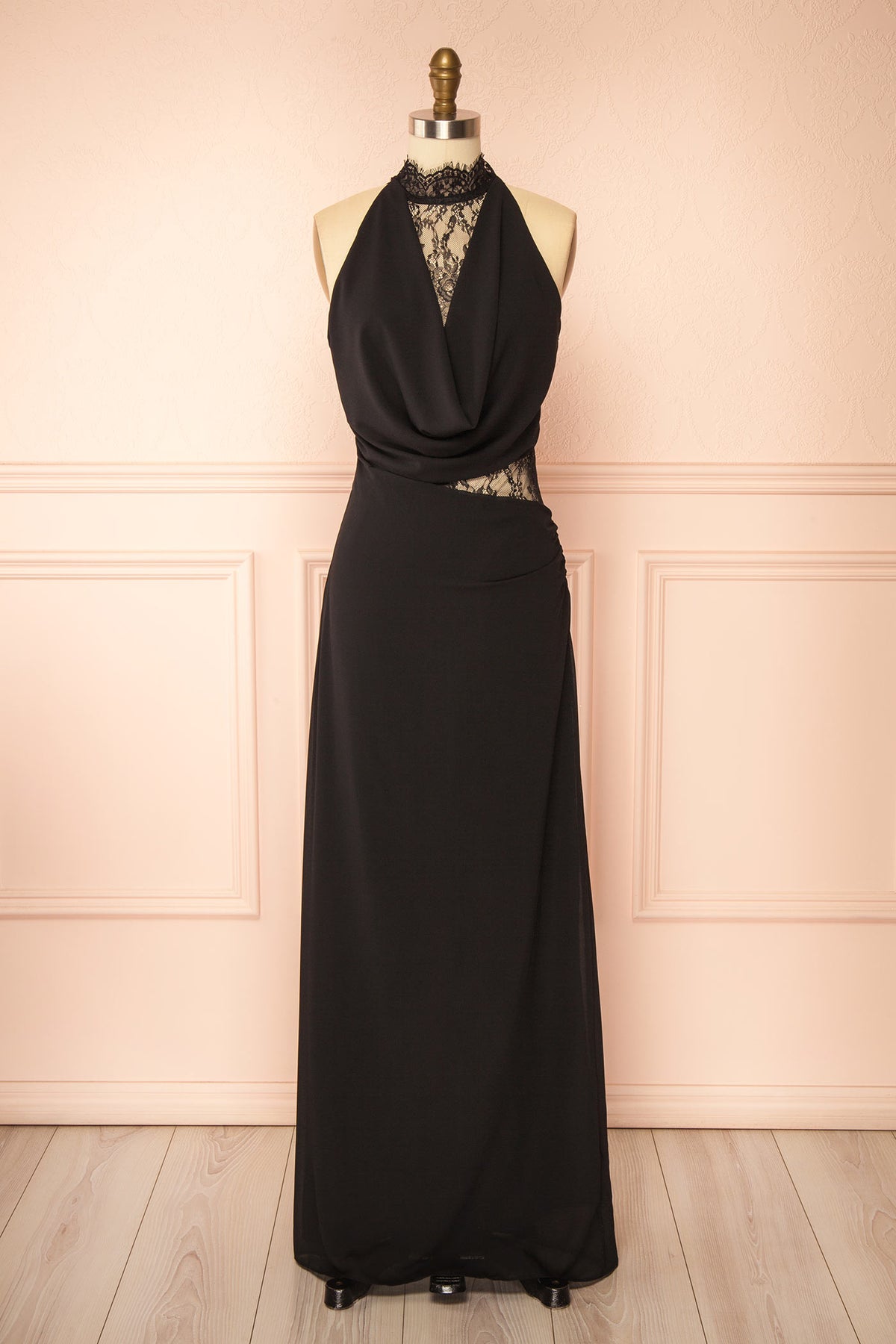 Front view of Yandaya Satin and Lace Black Maxi Dress at Boutique 1861