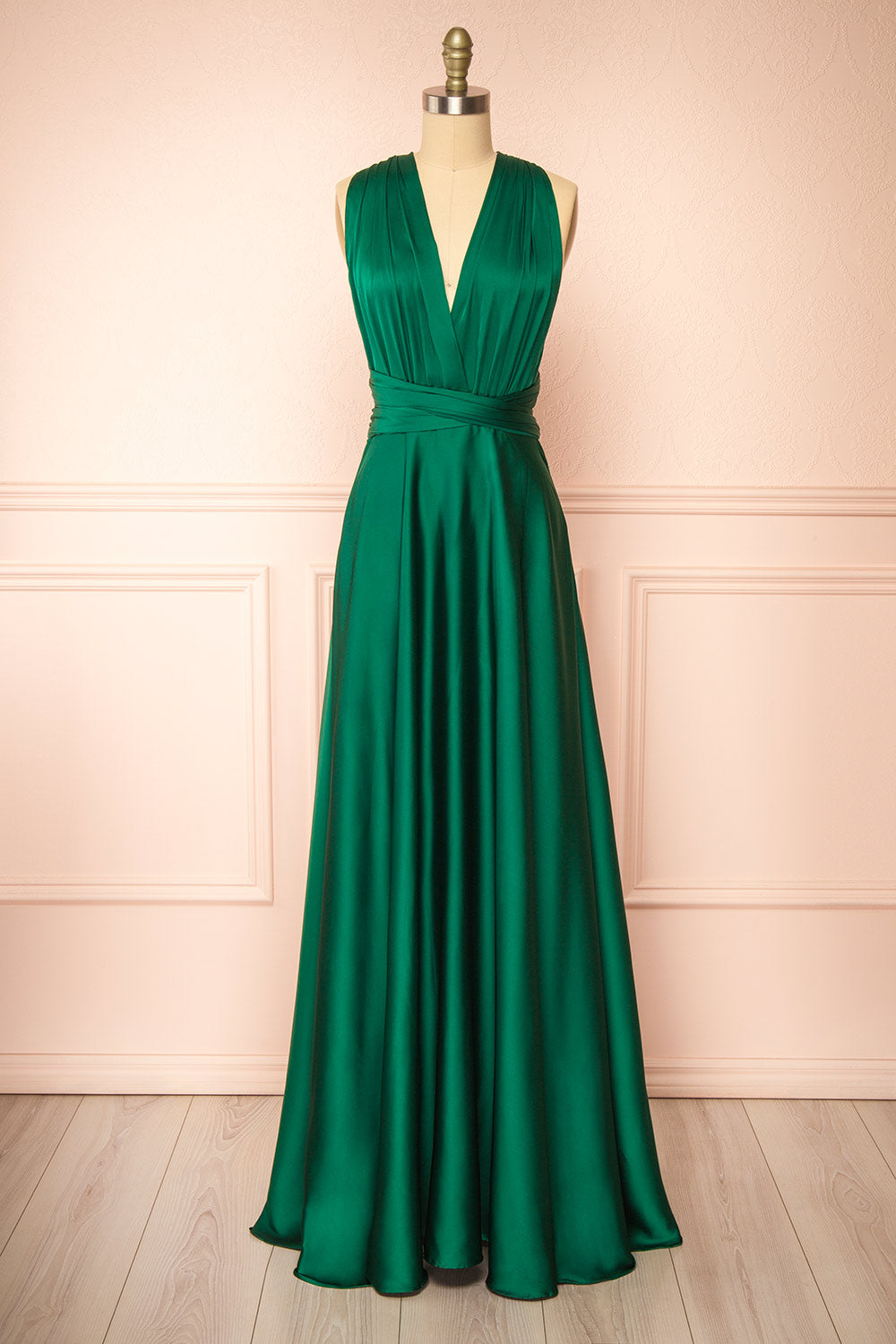 Yayabei Green Satin Convertible Maxi Dress | Boutique 1861 front view