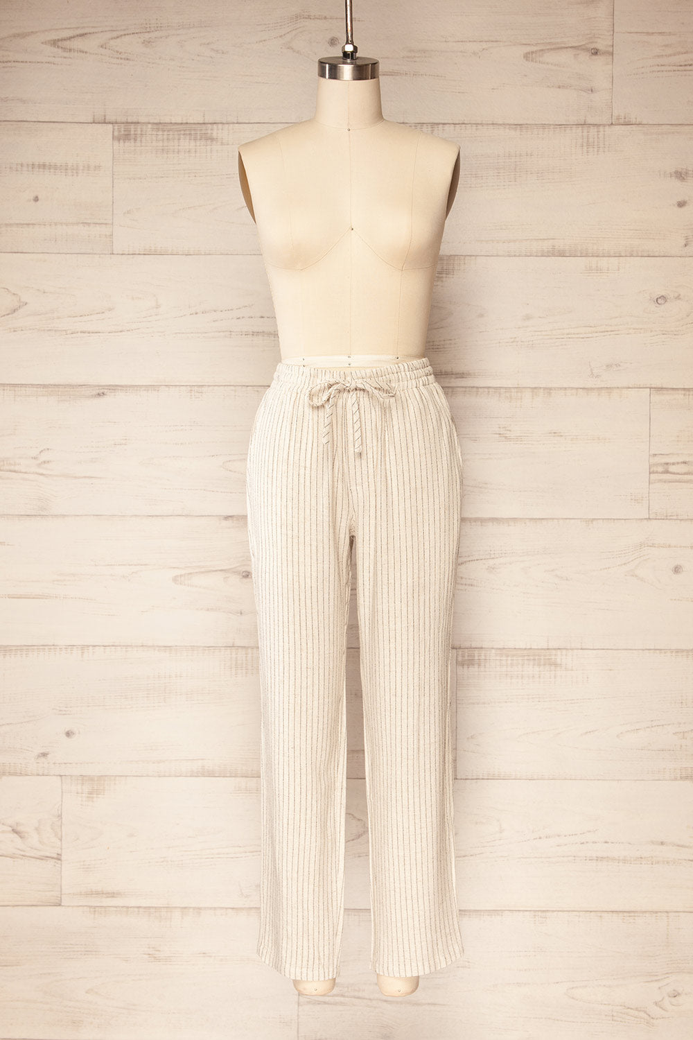 Yecal Beige Striped Linen Pants | La petite garçonne front view