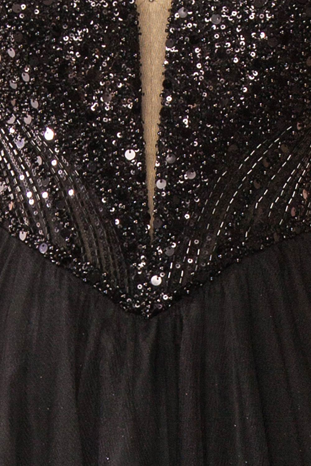 Yeji Black Sparkly Maxi Dress w/ Embroidered Bodice | Boutique 1861 fabric