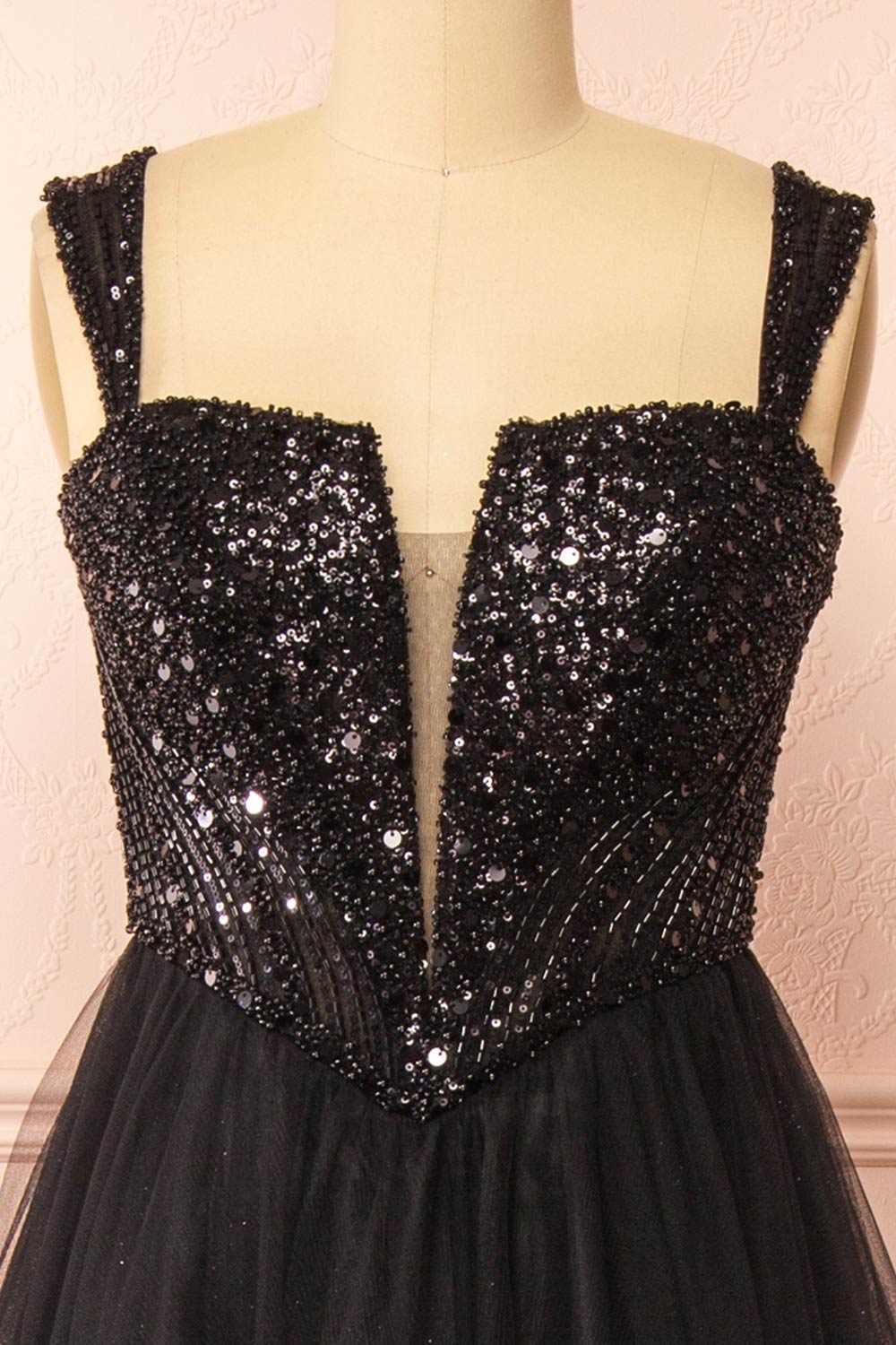 Yeji Black Sparkly Maxi Dress w/ Embroidered Bodice | Boutique 1861 straps