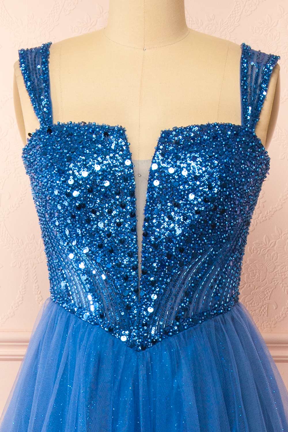 Yeji Blue Sparkly Maxi Dress w/ Embroidered Bodice | Boutique 1861 straps